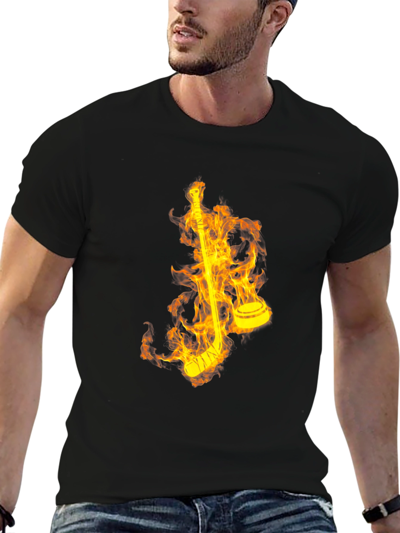 Flaming Hockey Stick Graphic Tee - Cool Black Shirt
