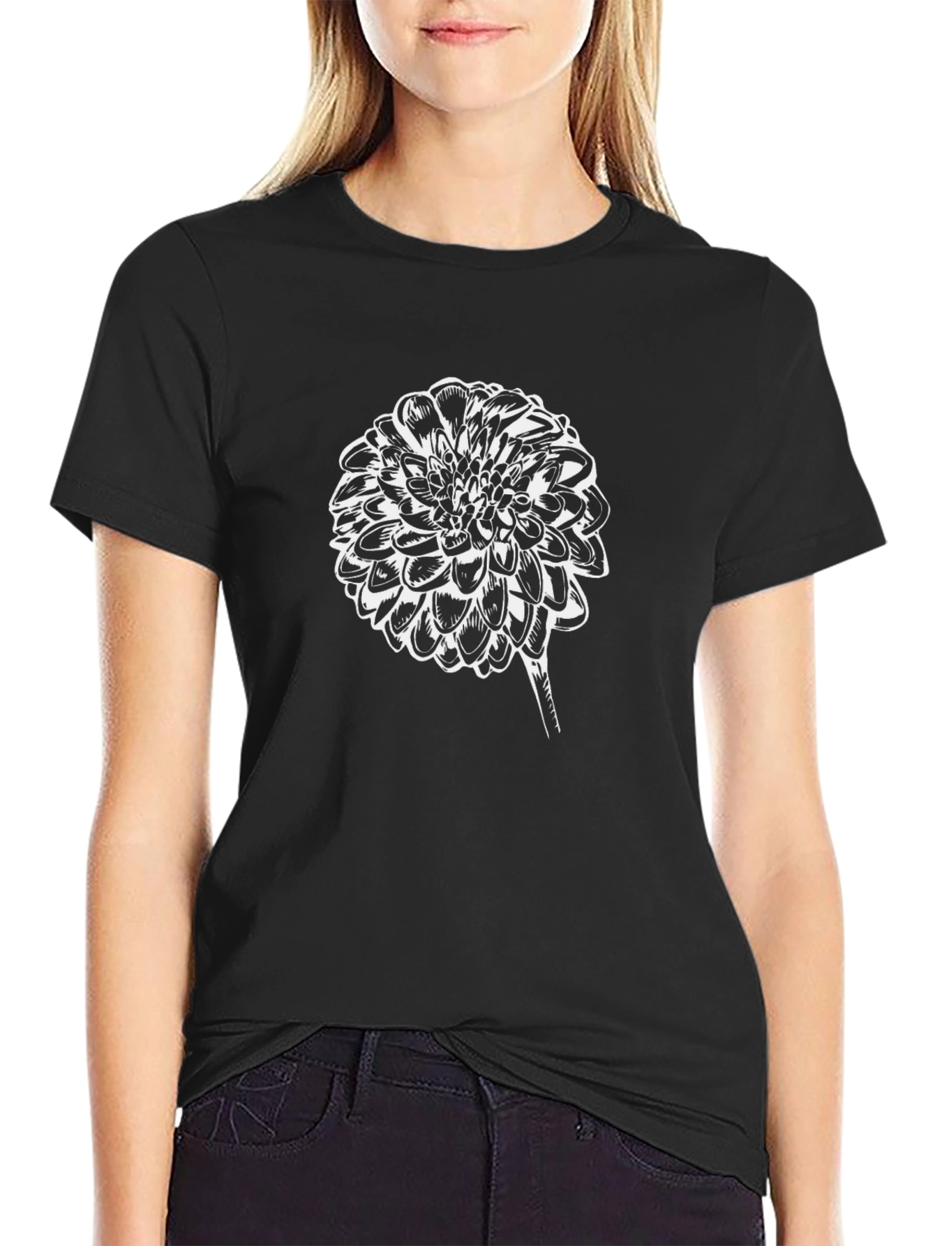 Black T-Shirt with Flower Graphic