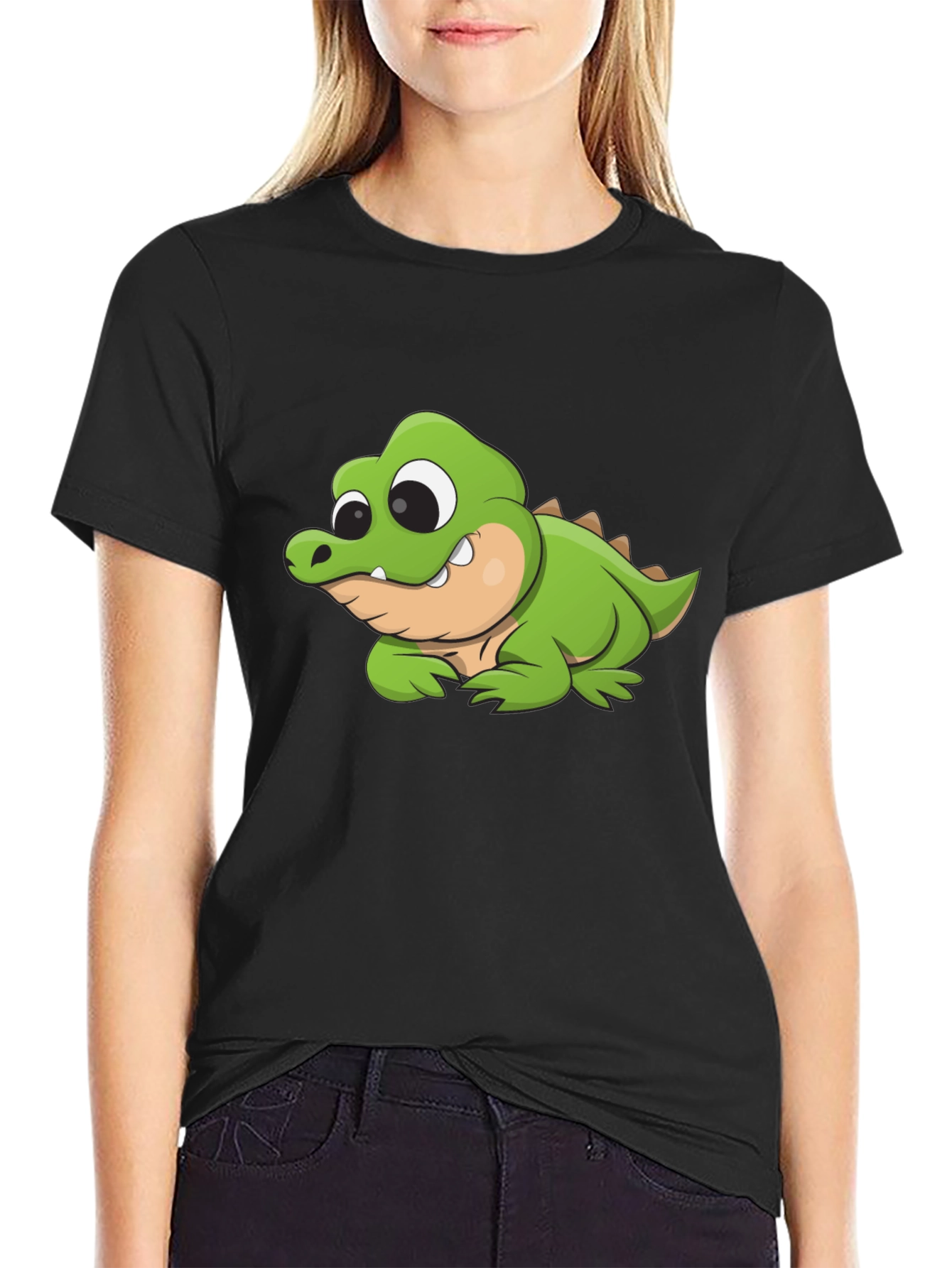 Cartoon Crocodile Graphic Black T-Shirt