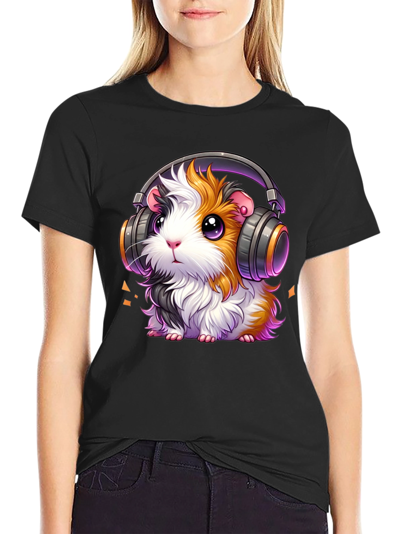 Guinea Pig Headphones Black T-Shirt