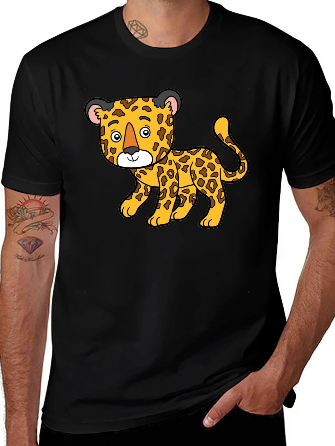 Cartoon Leopard Print Black T-Shirt