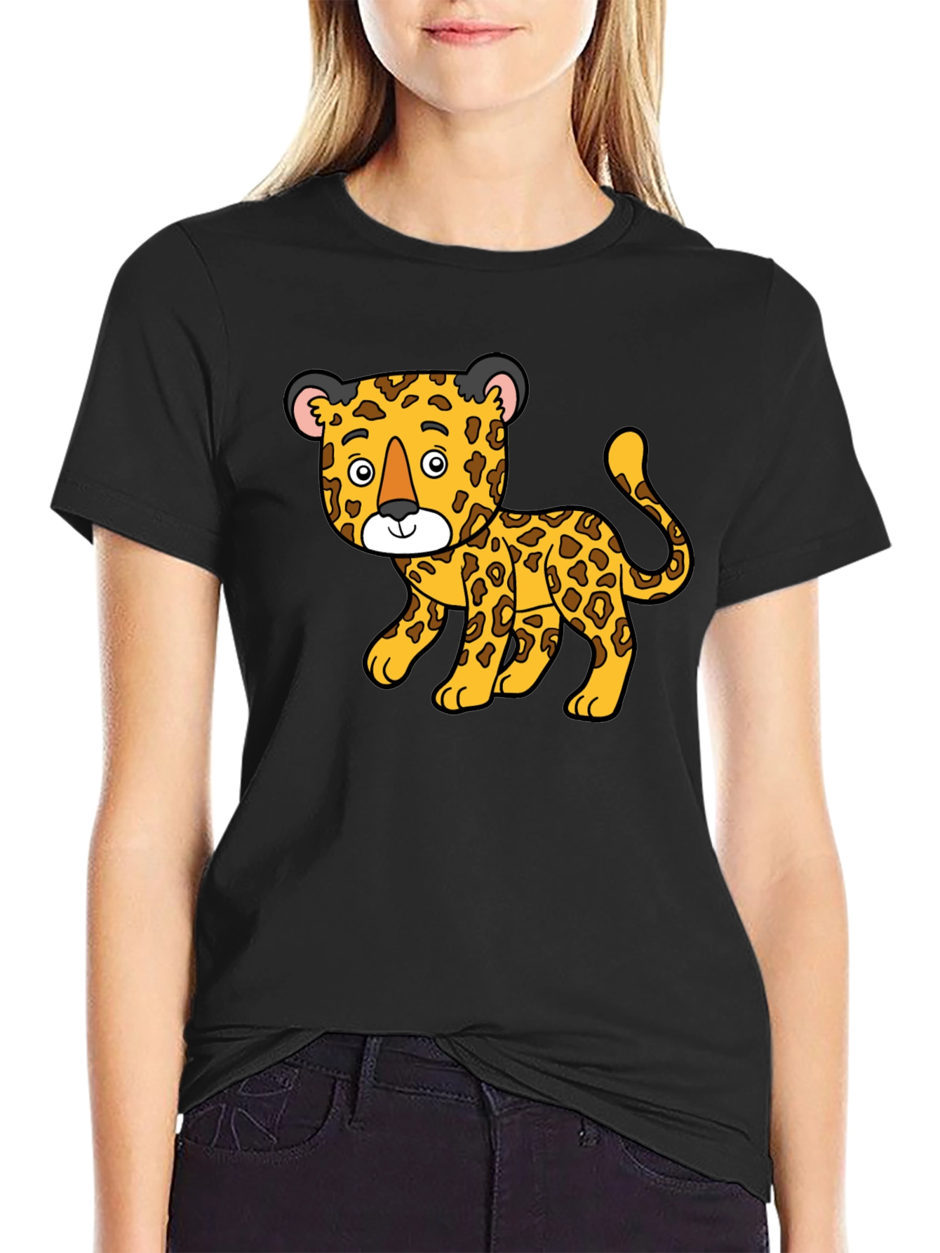 Cartoon Leopard Print Black T-Shirt