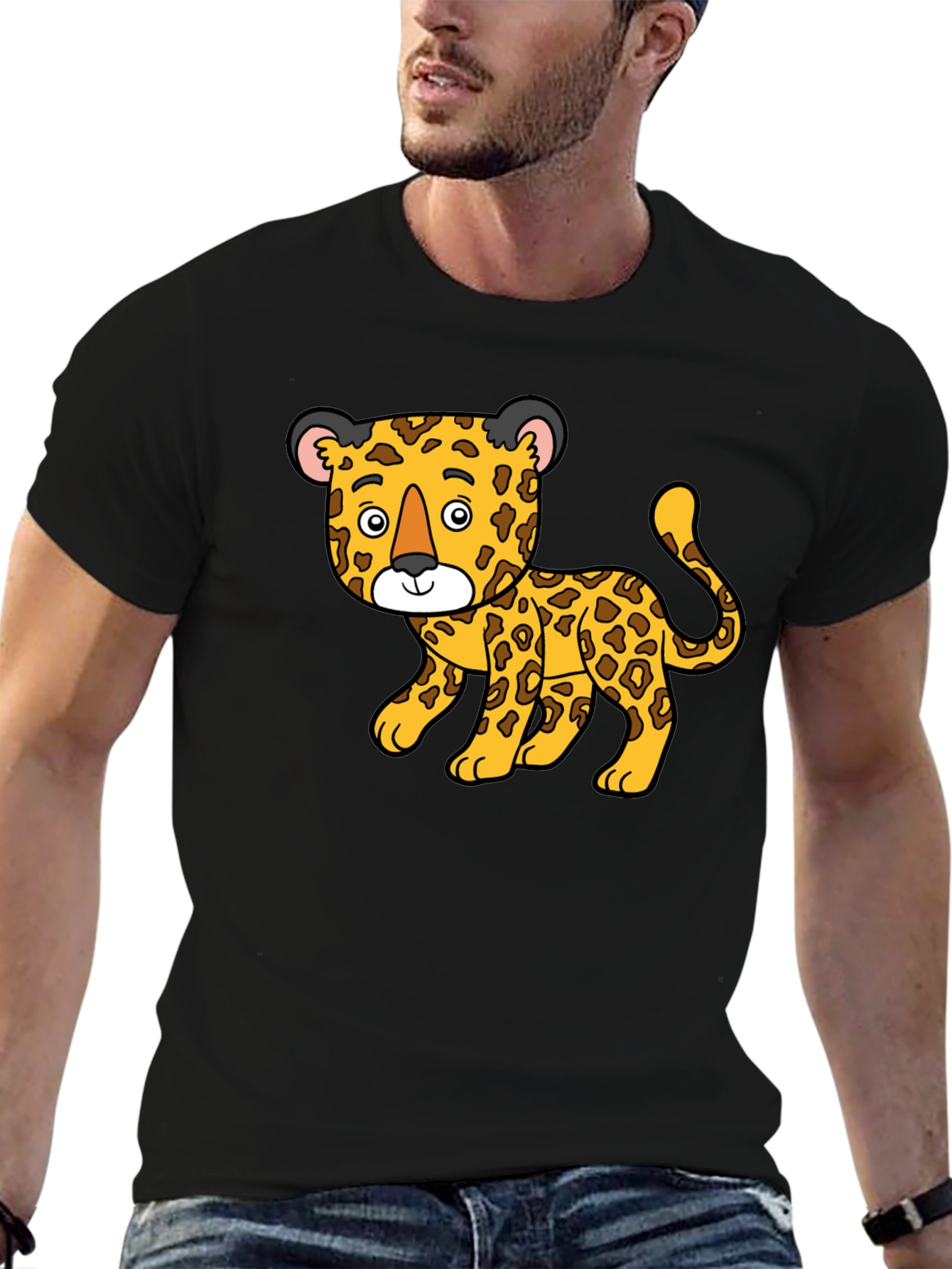 Cartoon Leopard Print Black T-Shirt