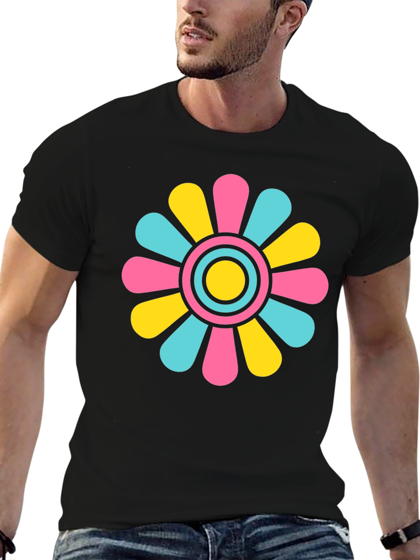 Retro Flower Power T-Shirt - Black Cotton Blend