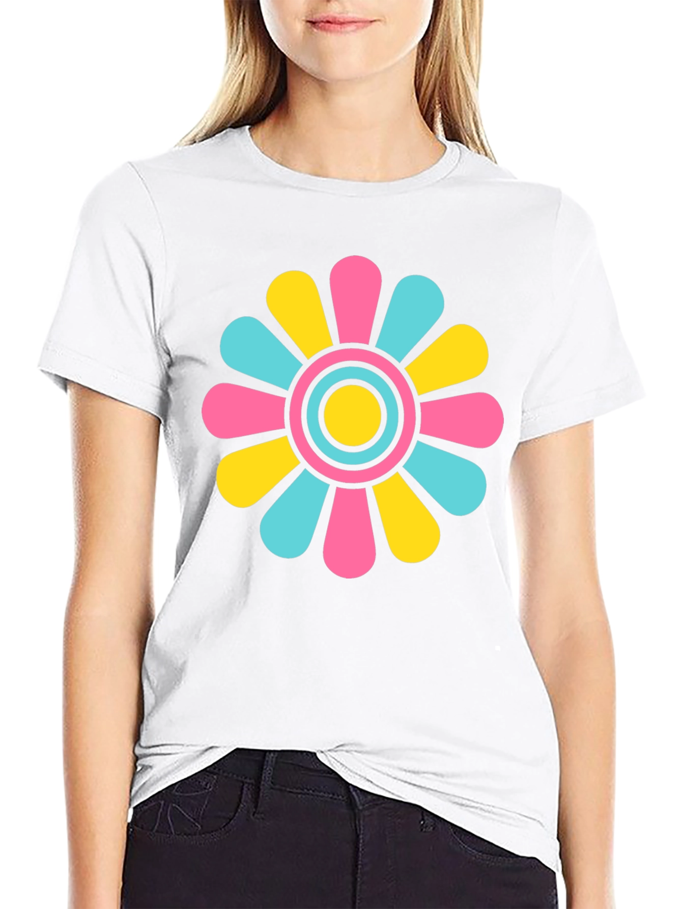 Retro Flower Power T-Shirt - Black Cotton Blend