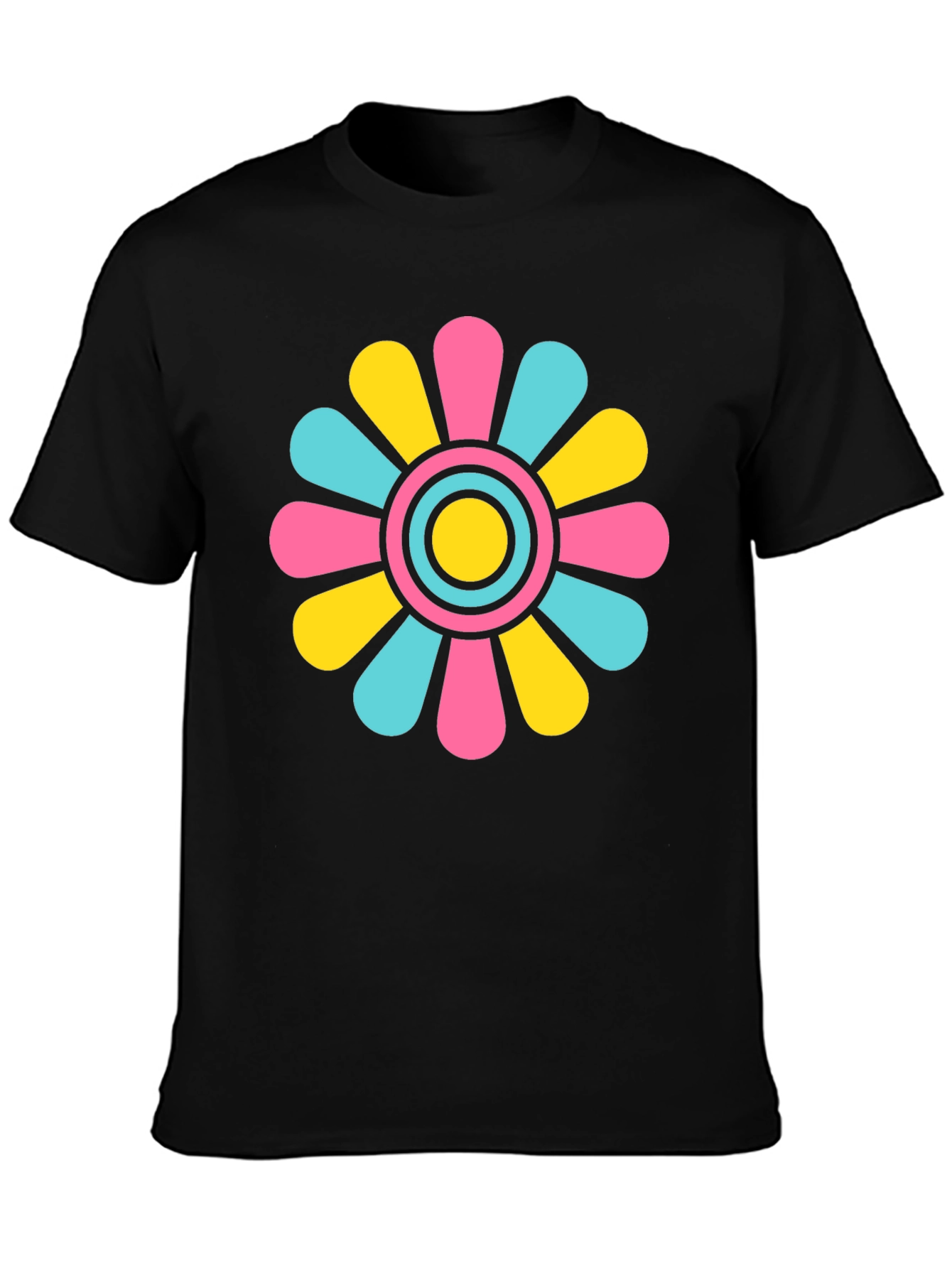 Retro Flower Power T-Shirt - Black Cotton Blend