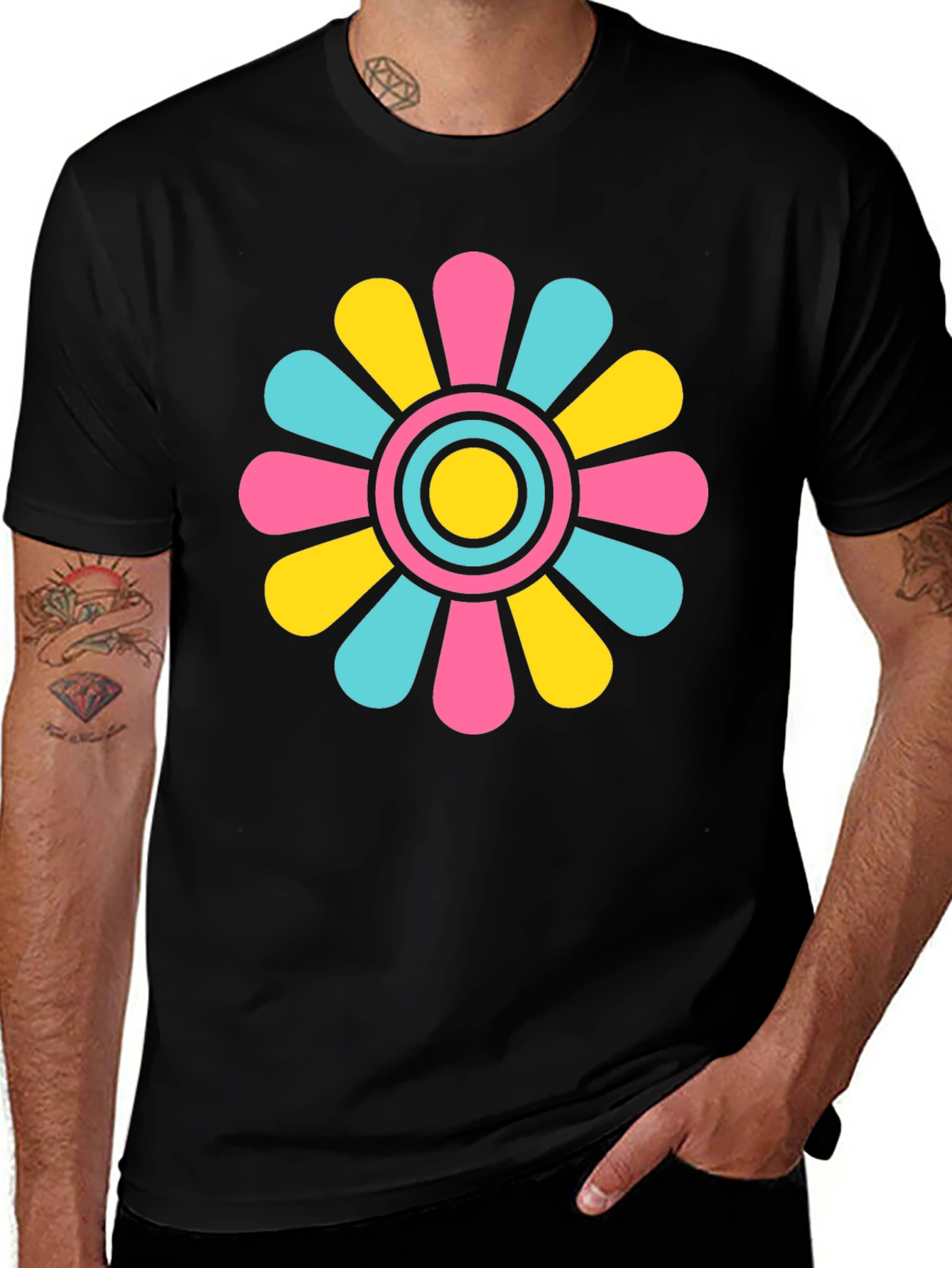 Retro Flower Power T-Shirt - Black Cotton Blend