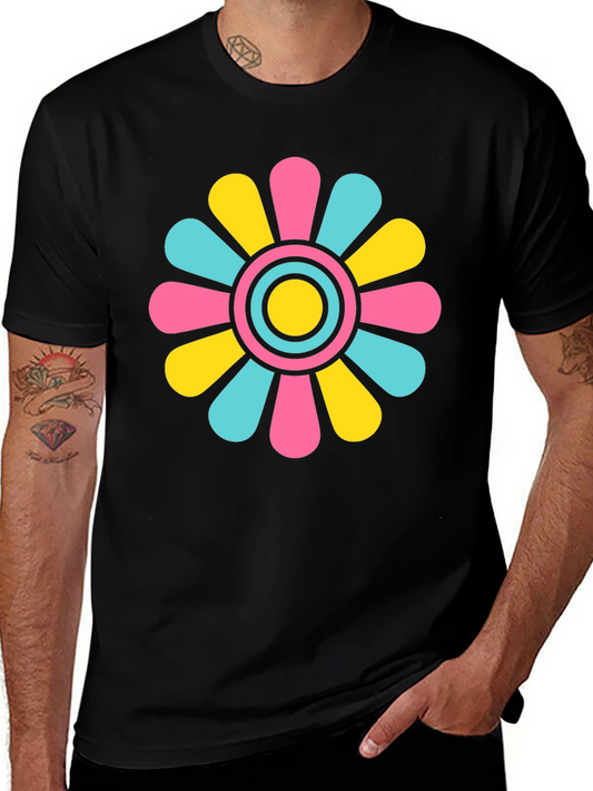Retro Flower Power T-Shirt - Black Cotton Blend