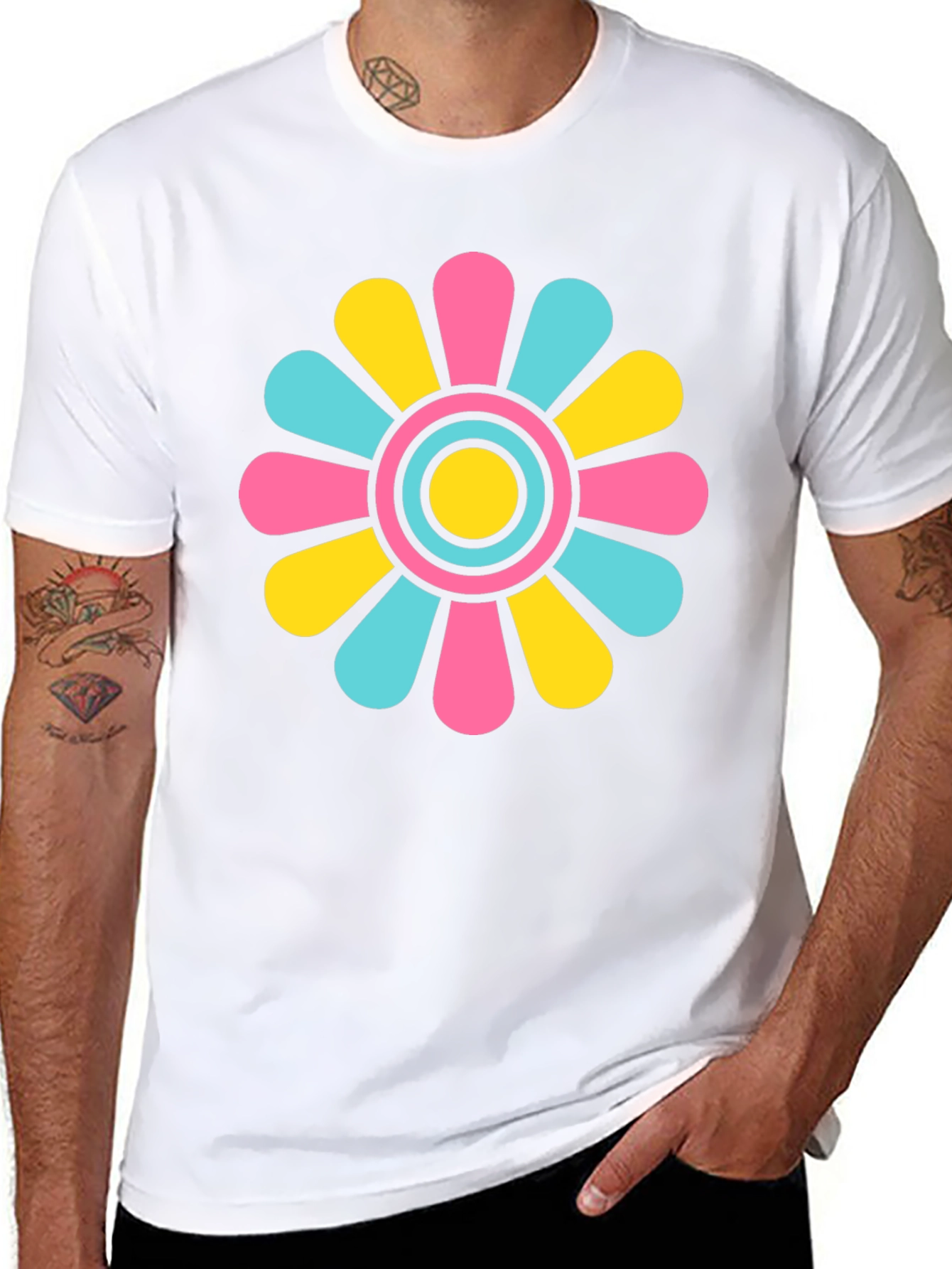 Retro Flower Power T-Shirt - Black Cotton Blend