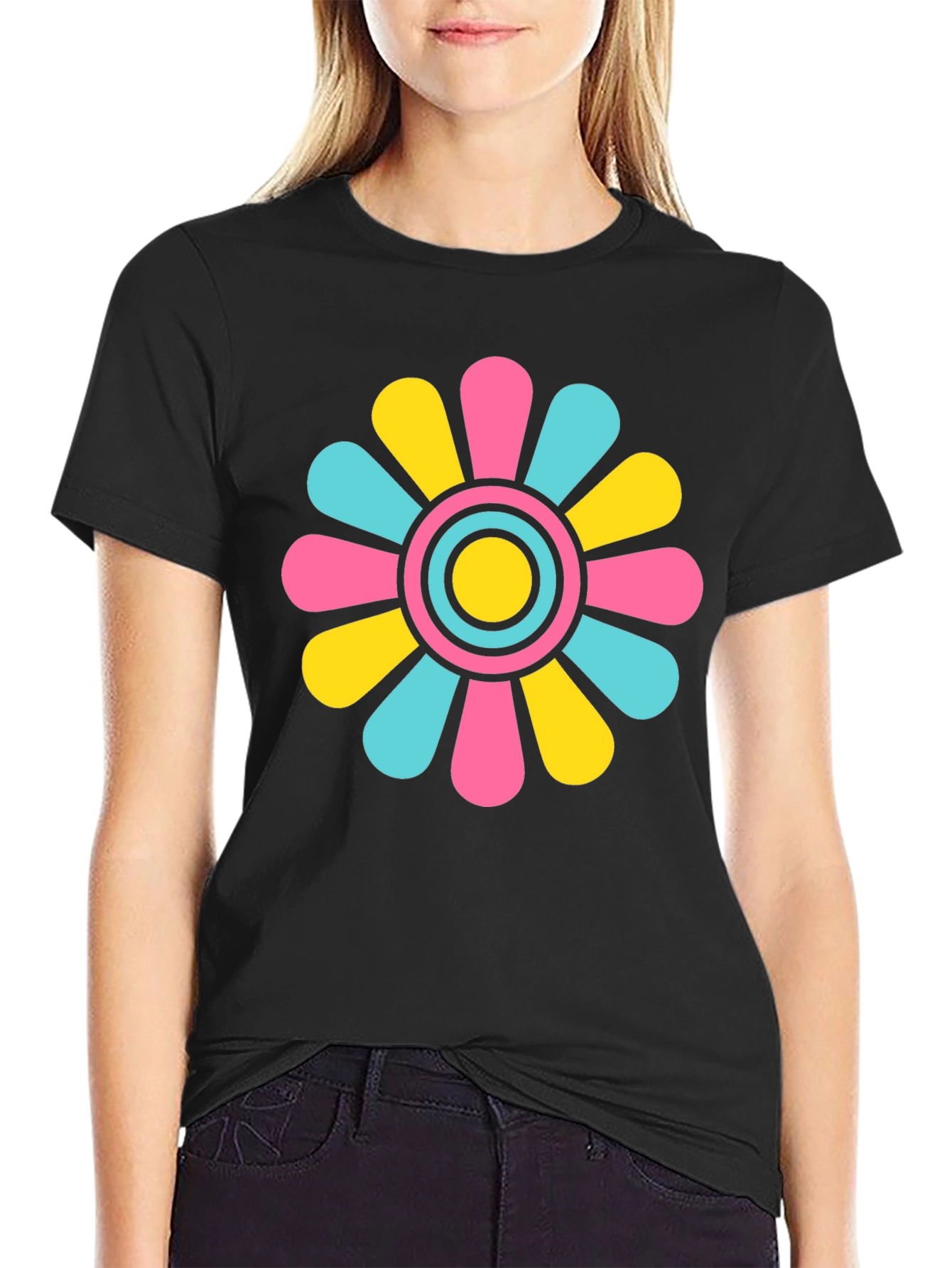 Retro Flower Power T-Shirt - Black Cotton Blend