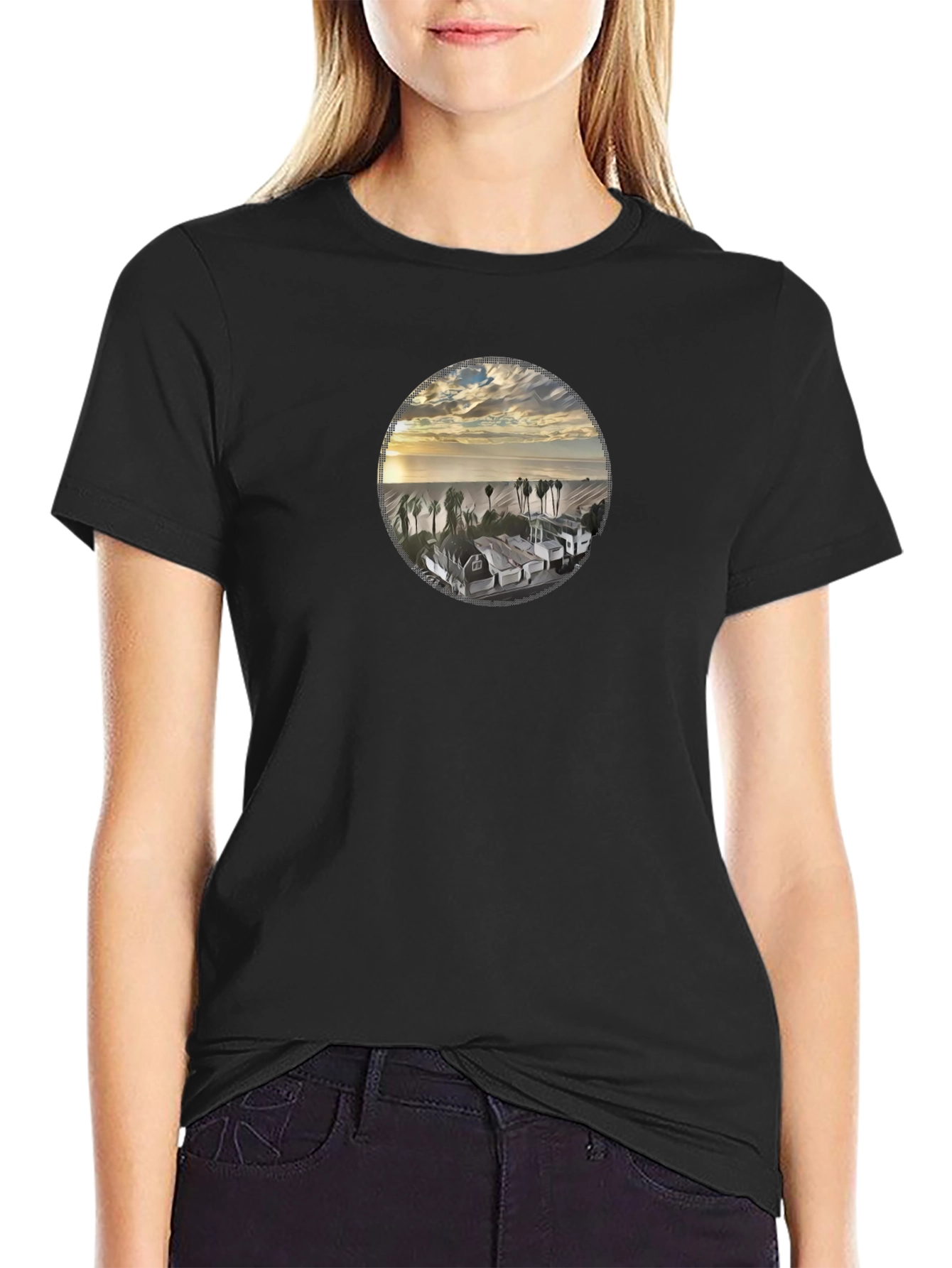Coastal View Graphic Tee - Soft Black Cotton Shirt