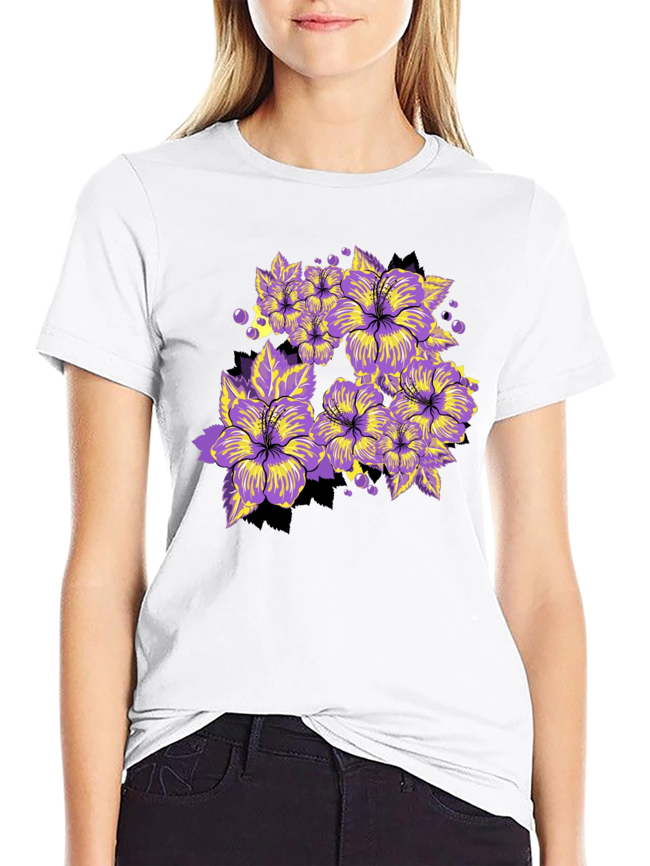 Floral Graphic Tee - Bold Purple Hibiscus Print