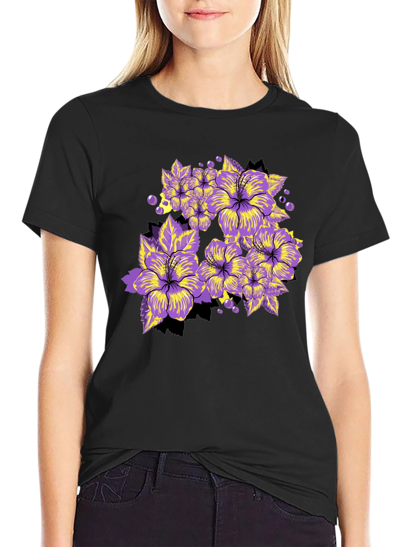 Floral Graphic Tee - Bold Purple Hibiscus Print