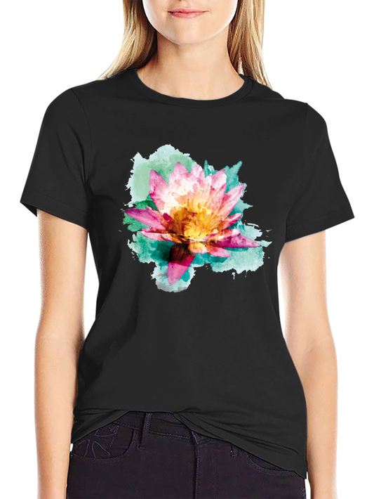 Lotus Watercolor Graphic Tee - Black Cotton Blend