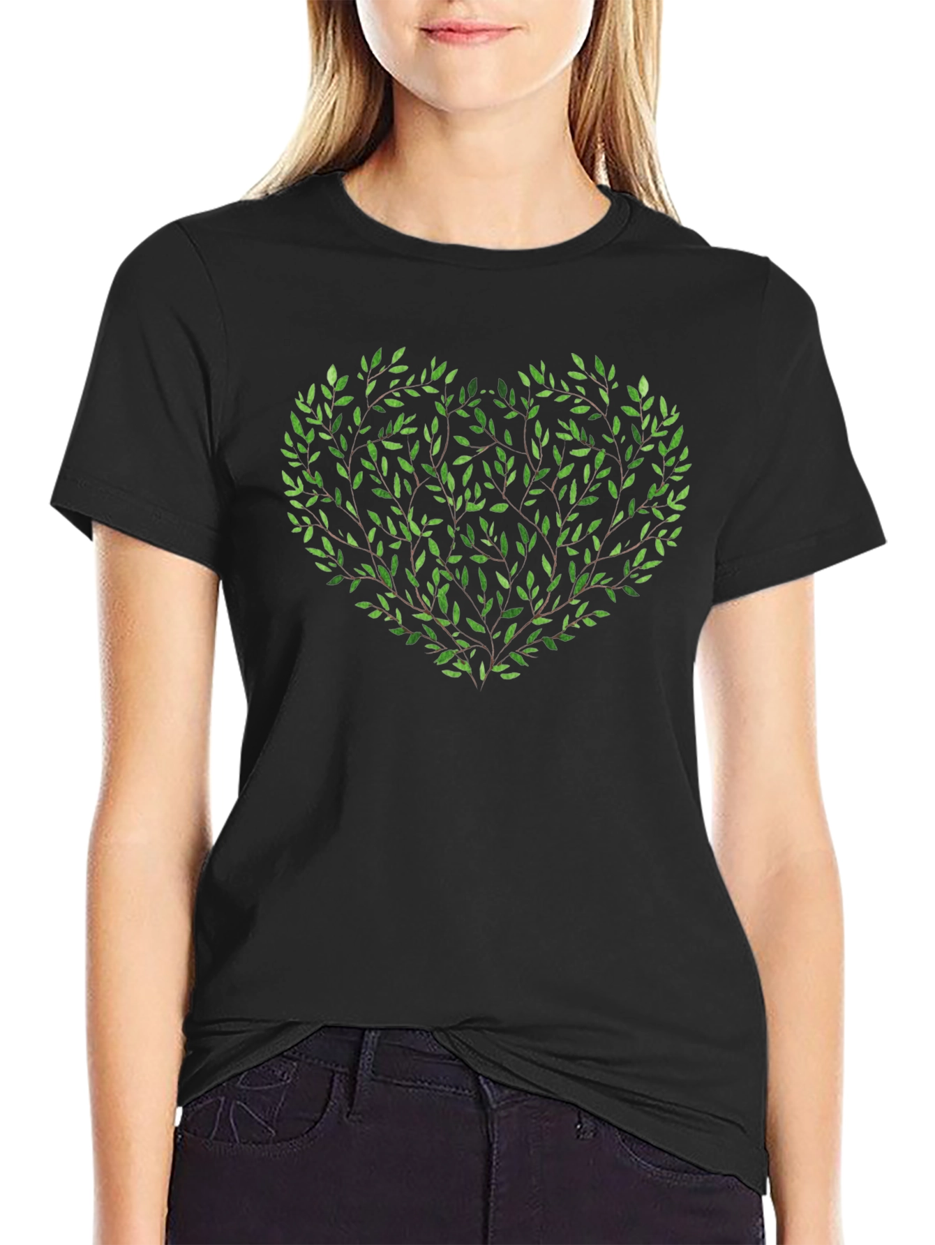 Green Leaf Heart Graphic Black T-Shirt