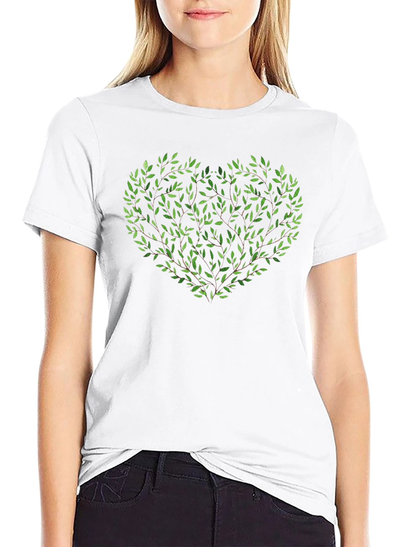 Green Leaf Heart Graphic Black T-Shirt