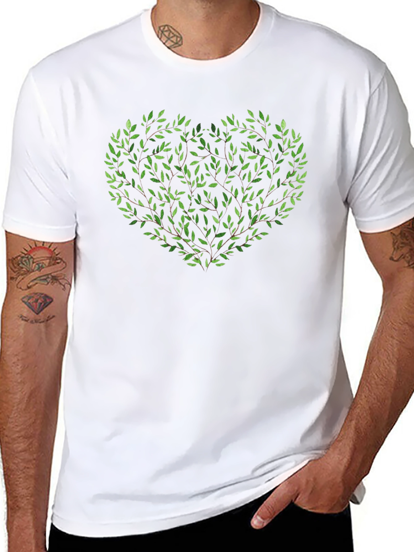 Green Leaf Heart Graphic Black T-Shirt