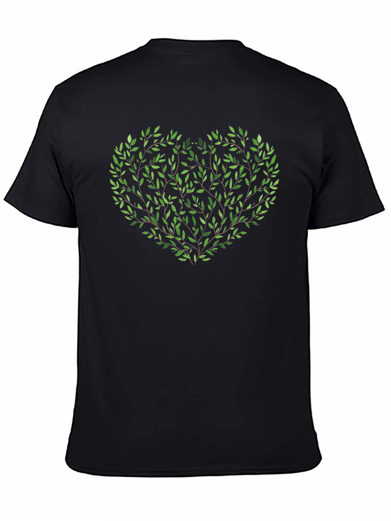 Green Leaf Heart Graphic Black T-Shirt