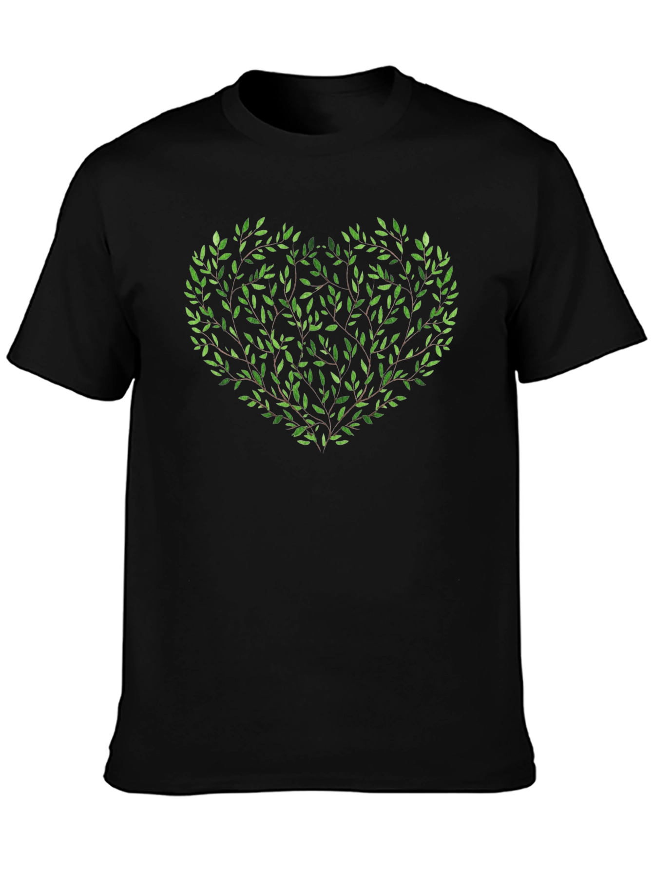 Green Leaf Heart Graphic Black T-Shirt