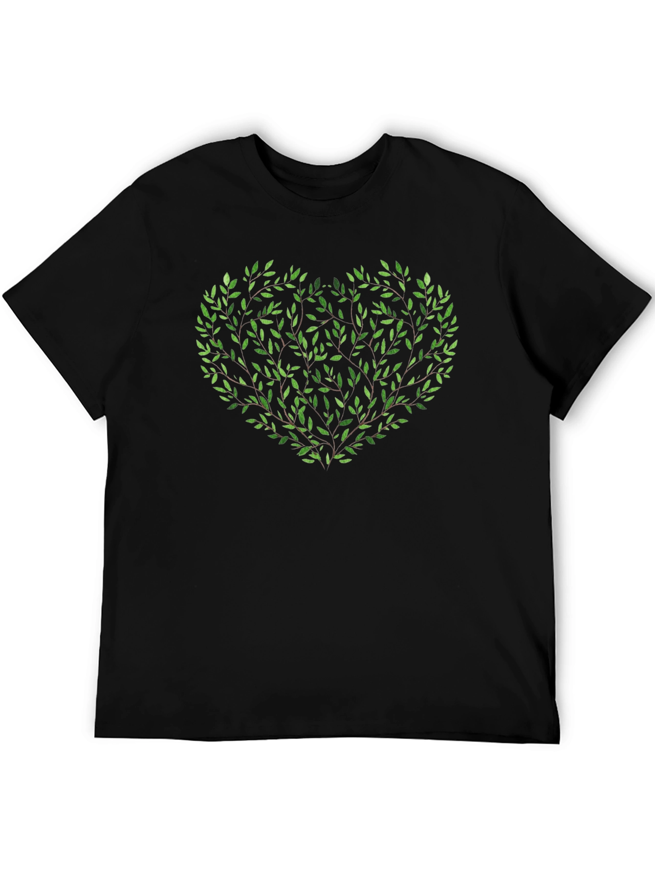 Green Leaf Heart Graphic Black T-Shirt