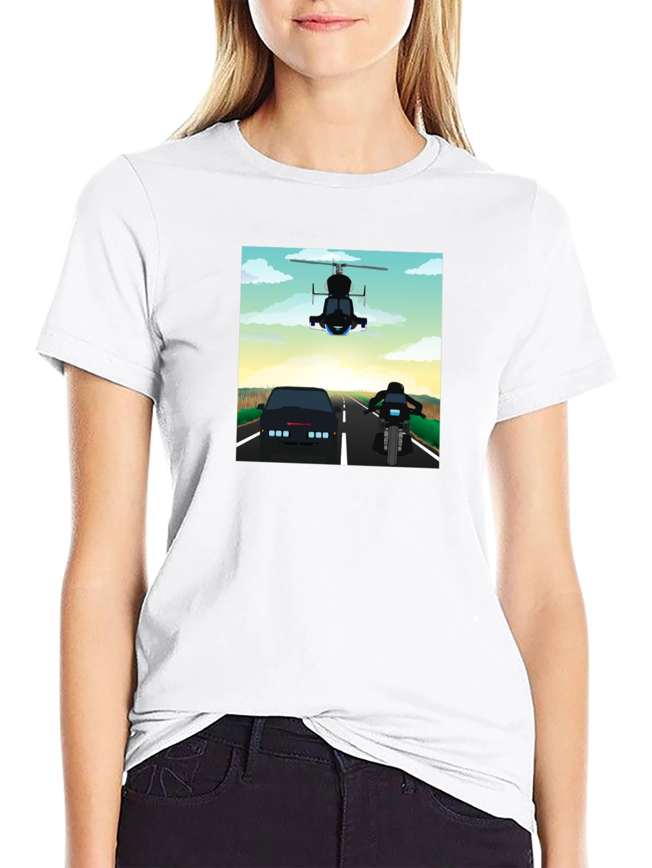 Retro Cartoon Car Chase Black T-Shirt