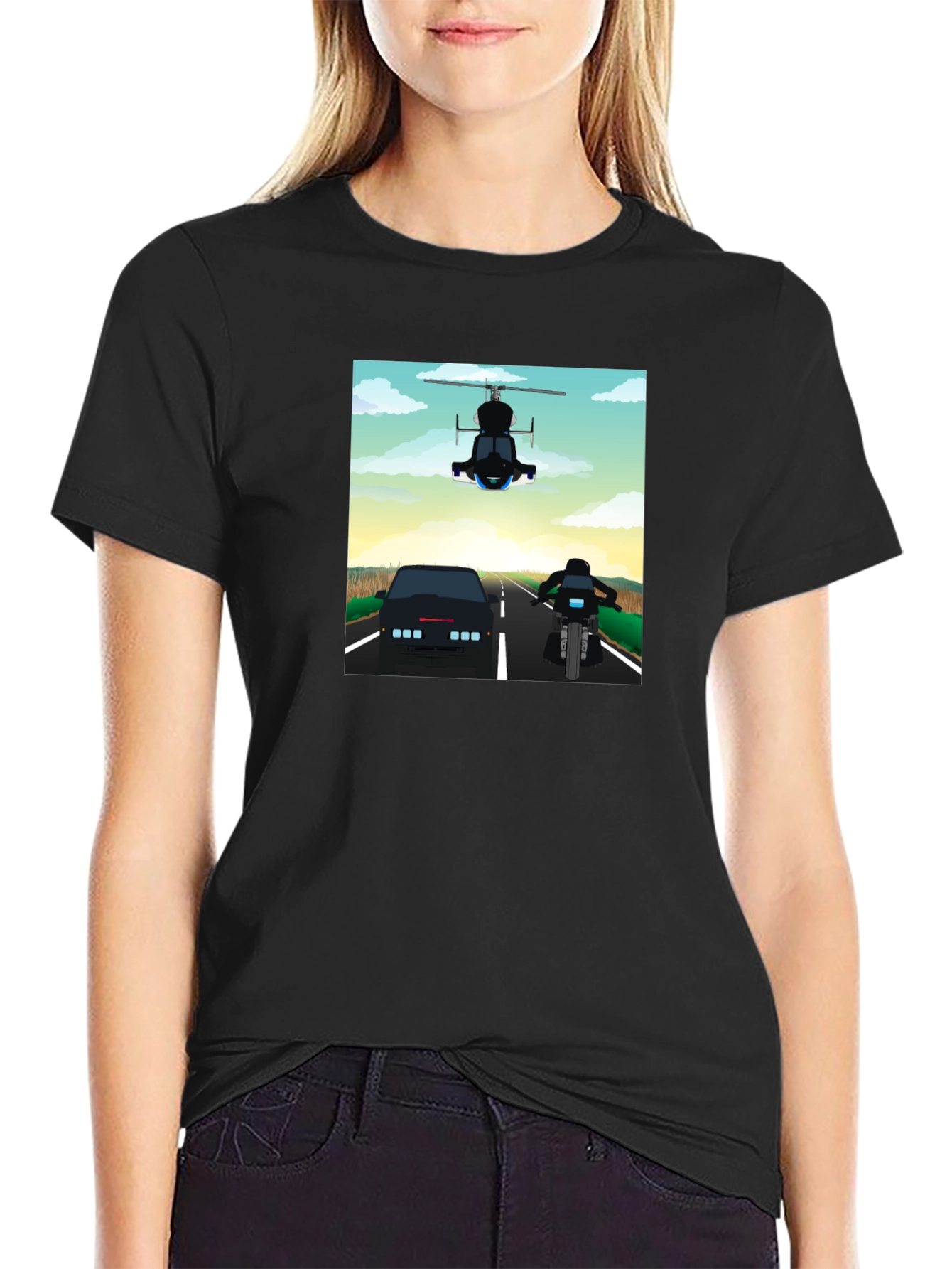 Retro Cartoon Car Chase Black T-Shirt