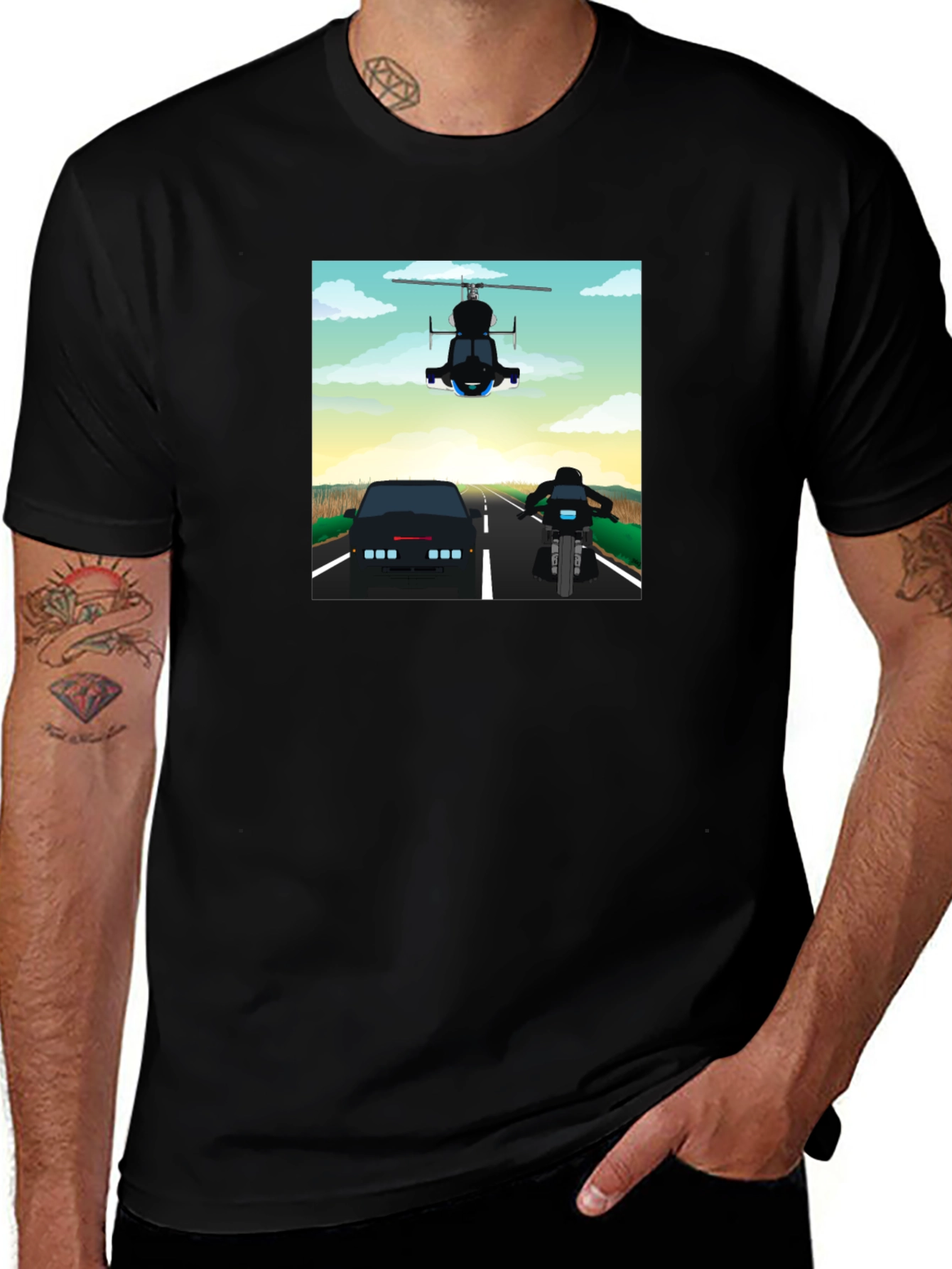 Retro Cartoon Car Chase Black T-Shirt