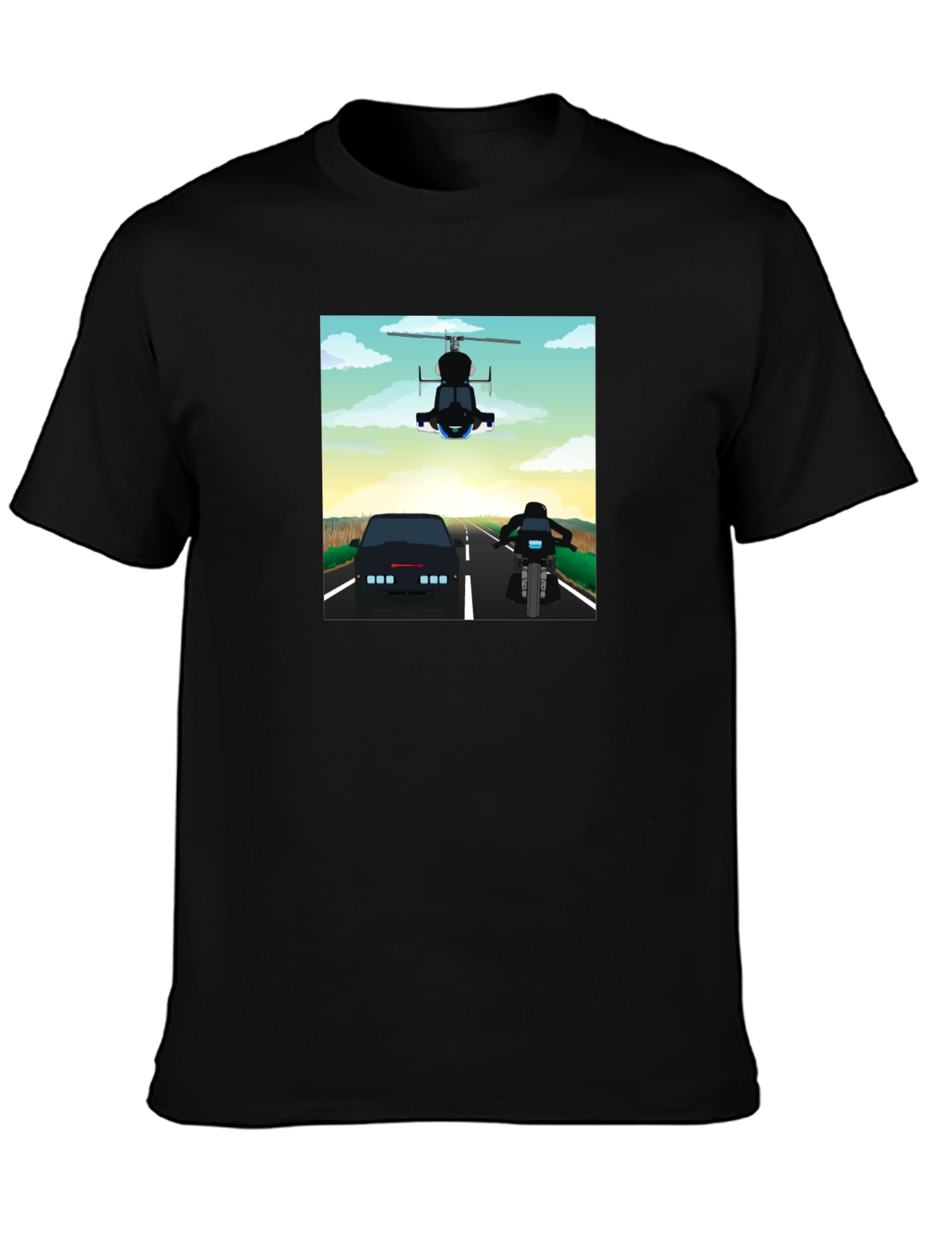 Retro Cartoon Car Chase Black T-Shirt
