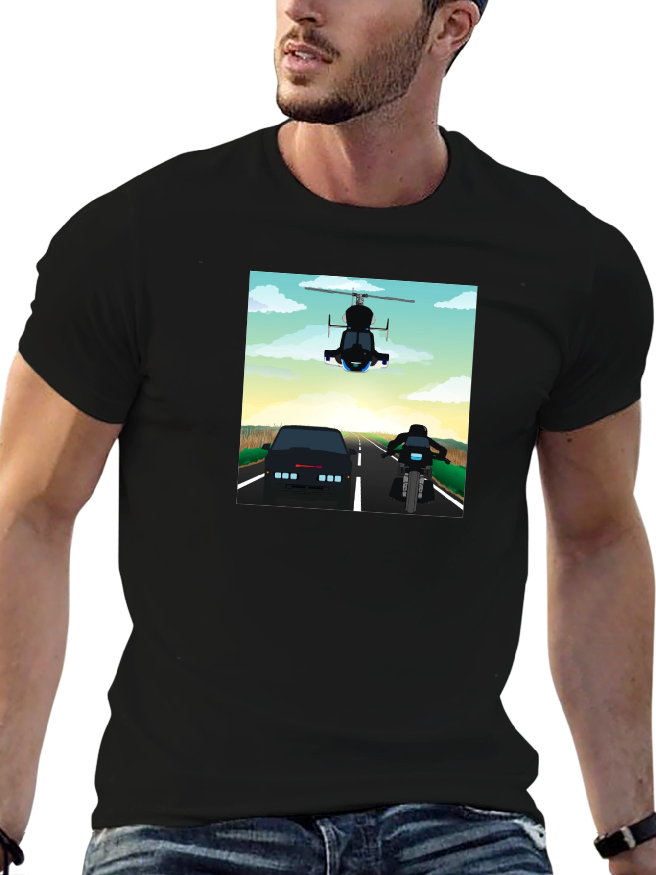 Retro Cartoon Car Chase Black T-Shirt