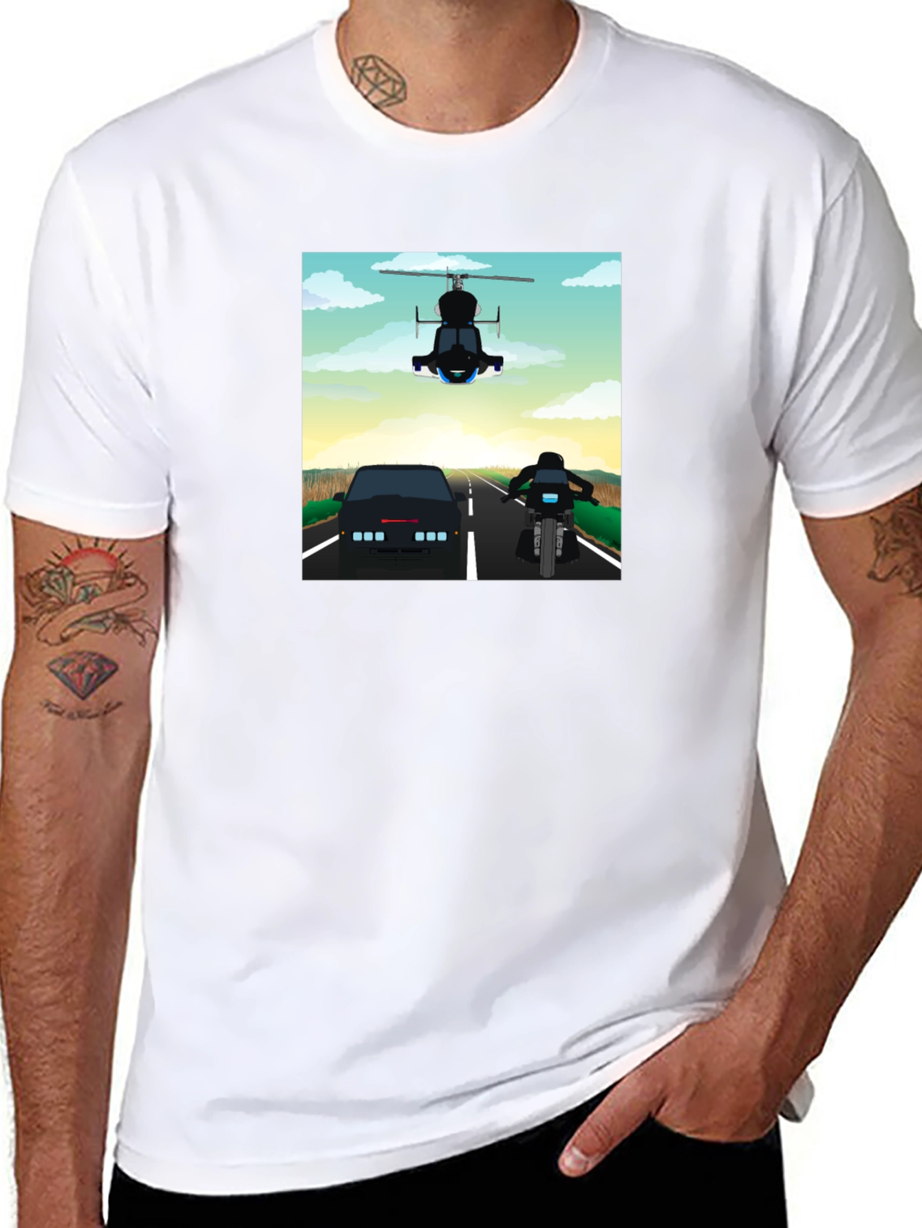 Retro Cartoon Car Chase Black T-Shirt
