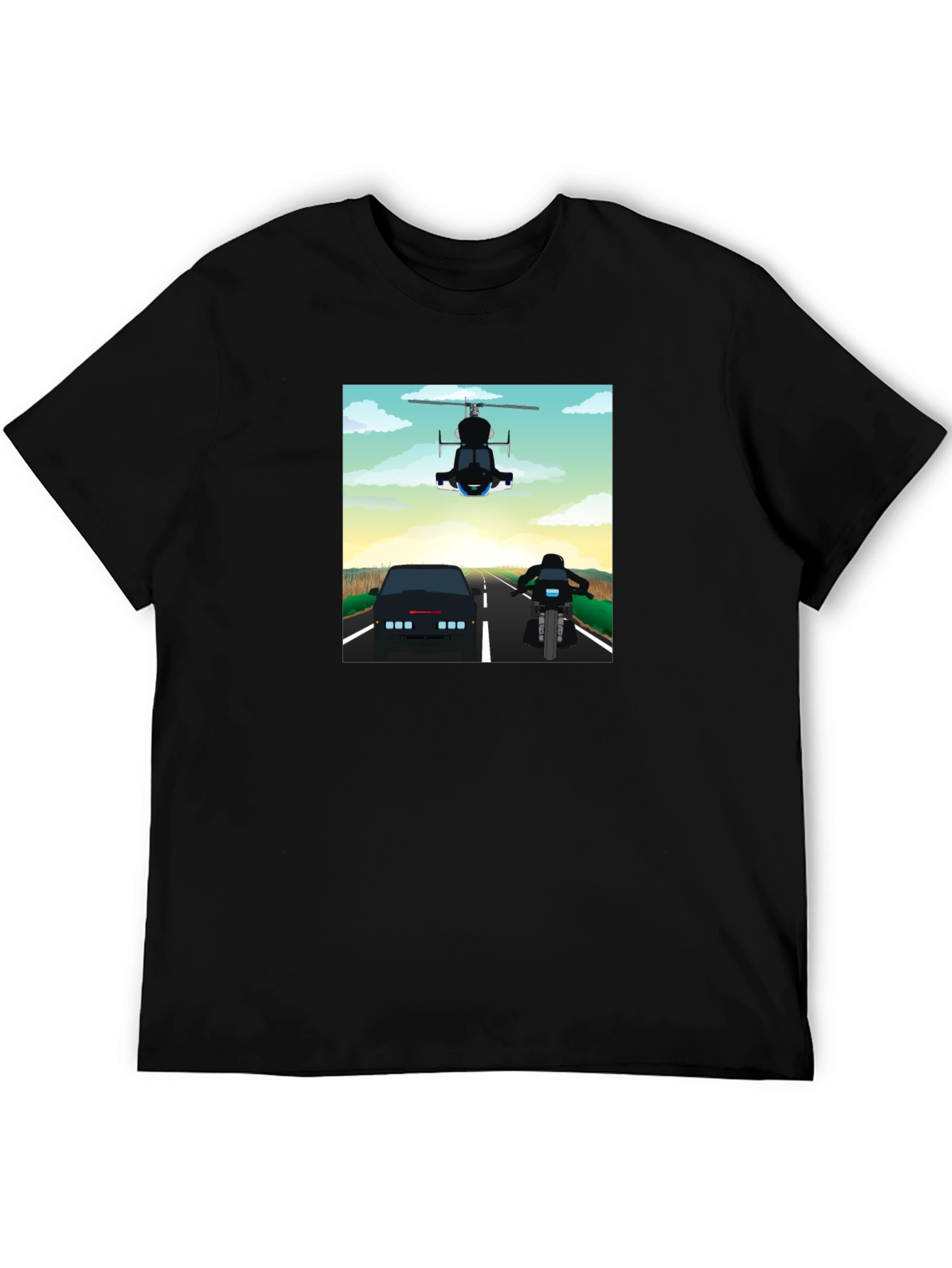 Retro Cartoon Car Chase Black T-Shirt