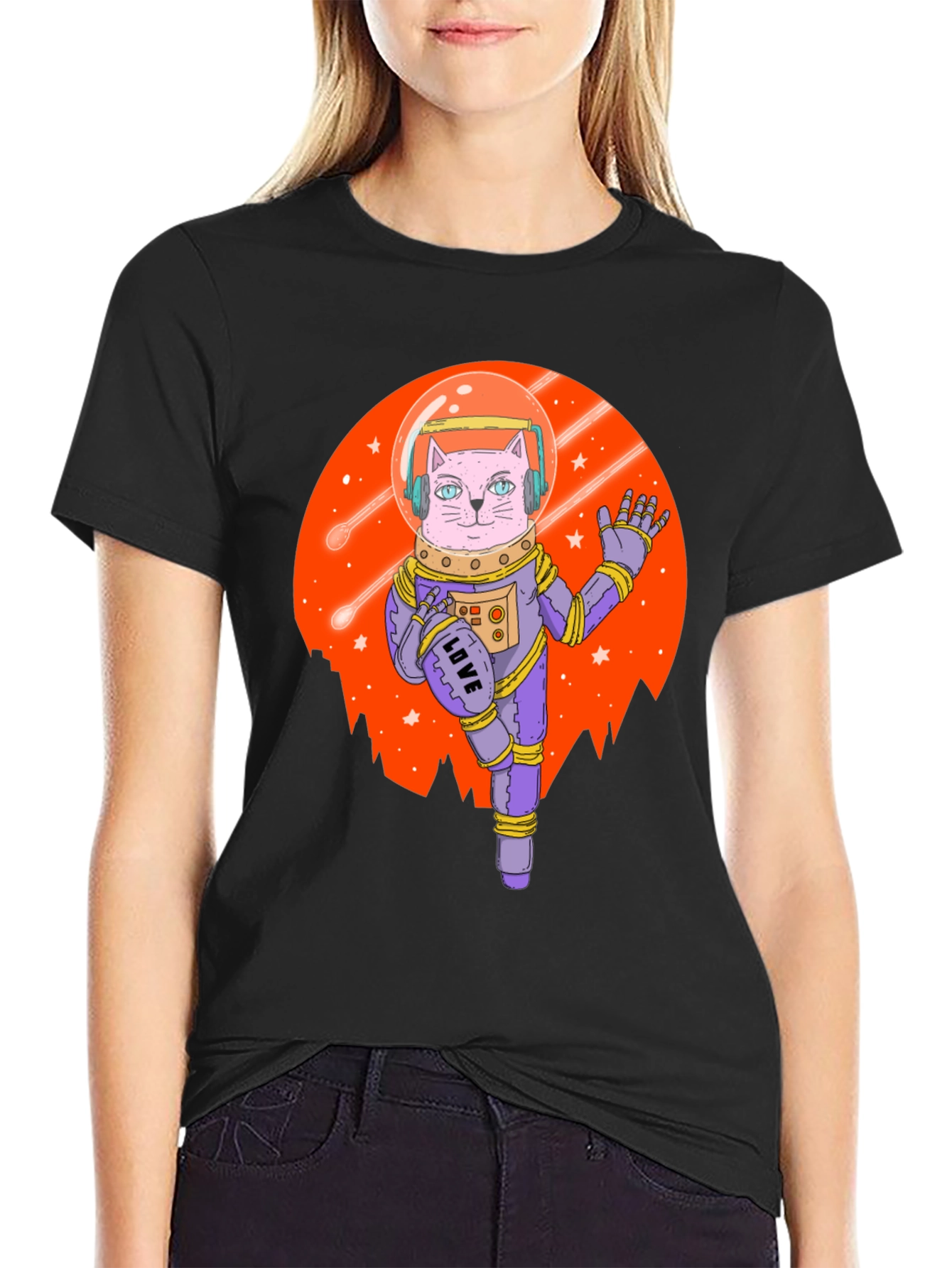 Astronaut Cat Graphic Tee - Black T-Shirt