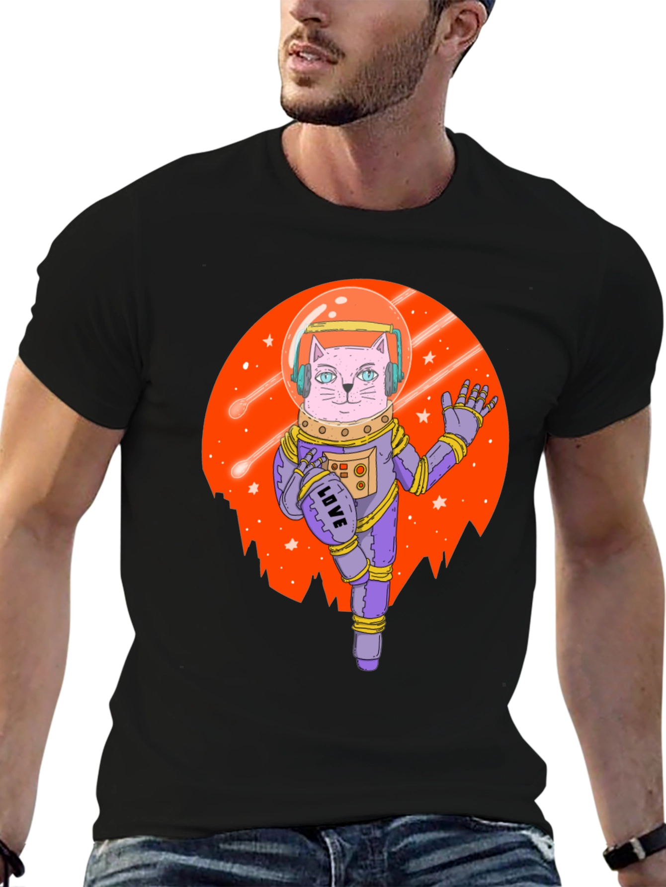 Astronaut Cat Graphic Tee - Black T-Shirt