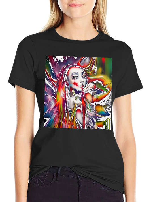 Artistic Girl Print Black T-Shirt