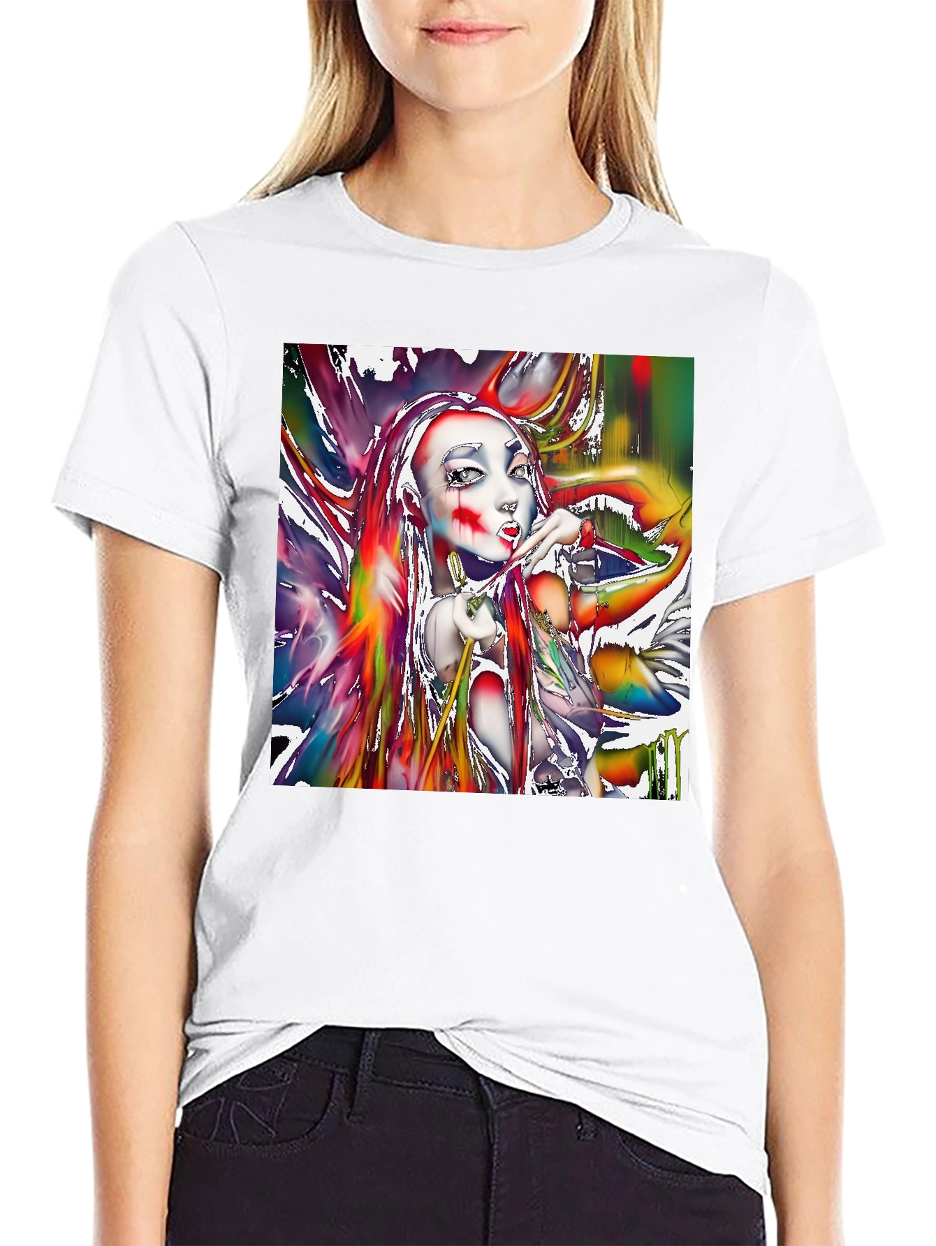 Artistic Girl Print Black T-Shirt