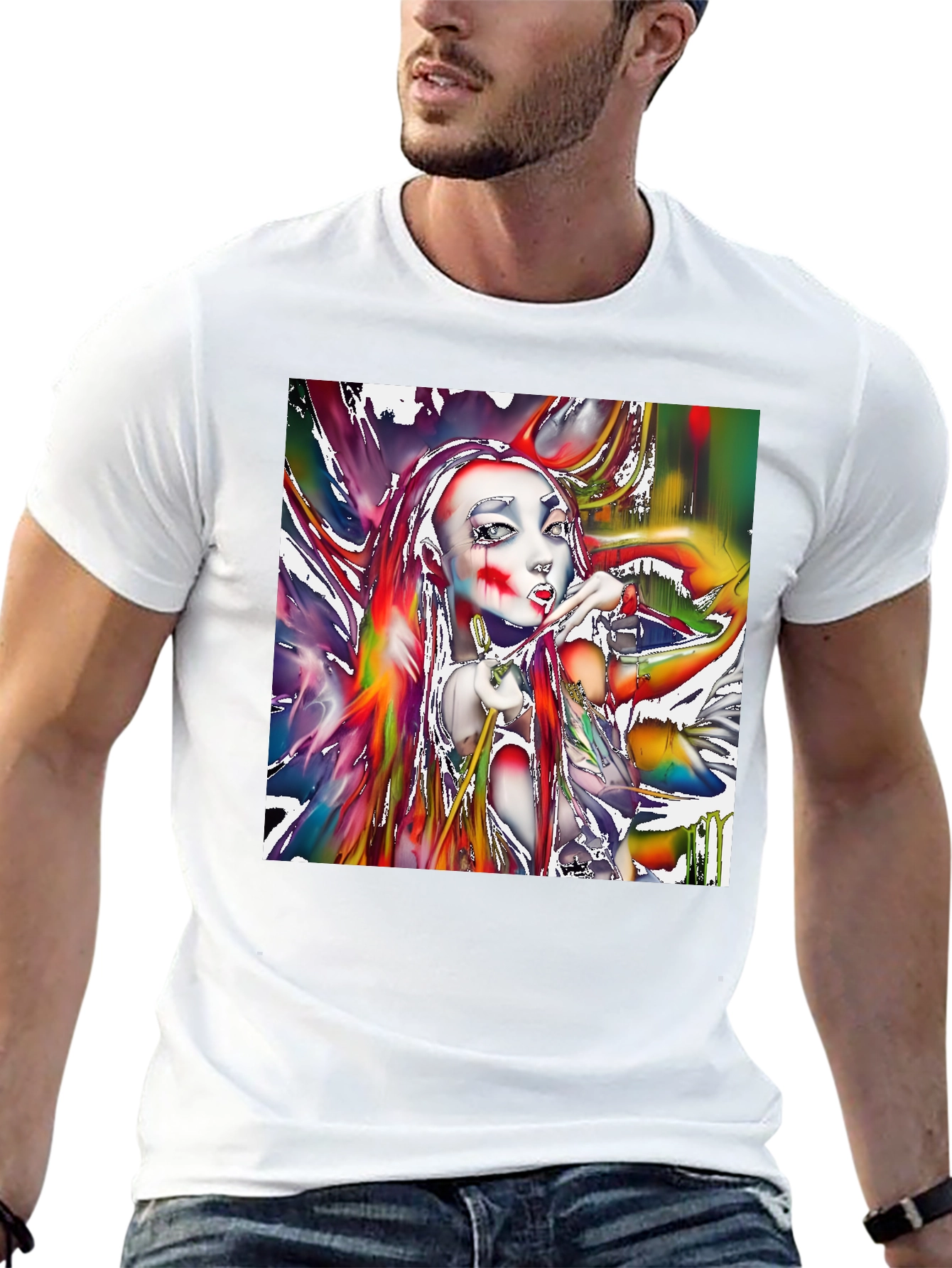 Artistic Girl Print Black T-Shirt