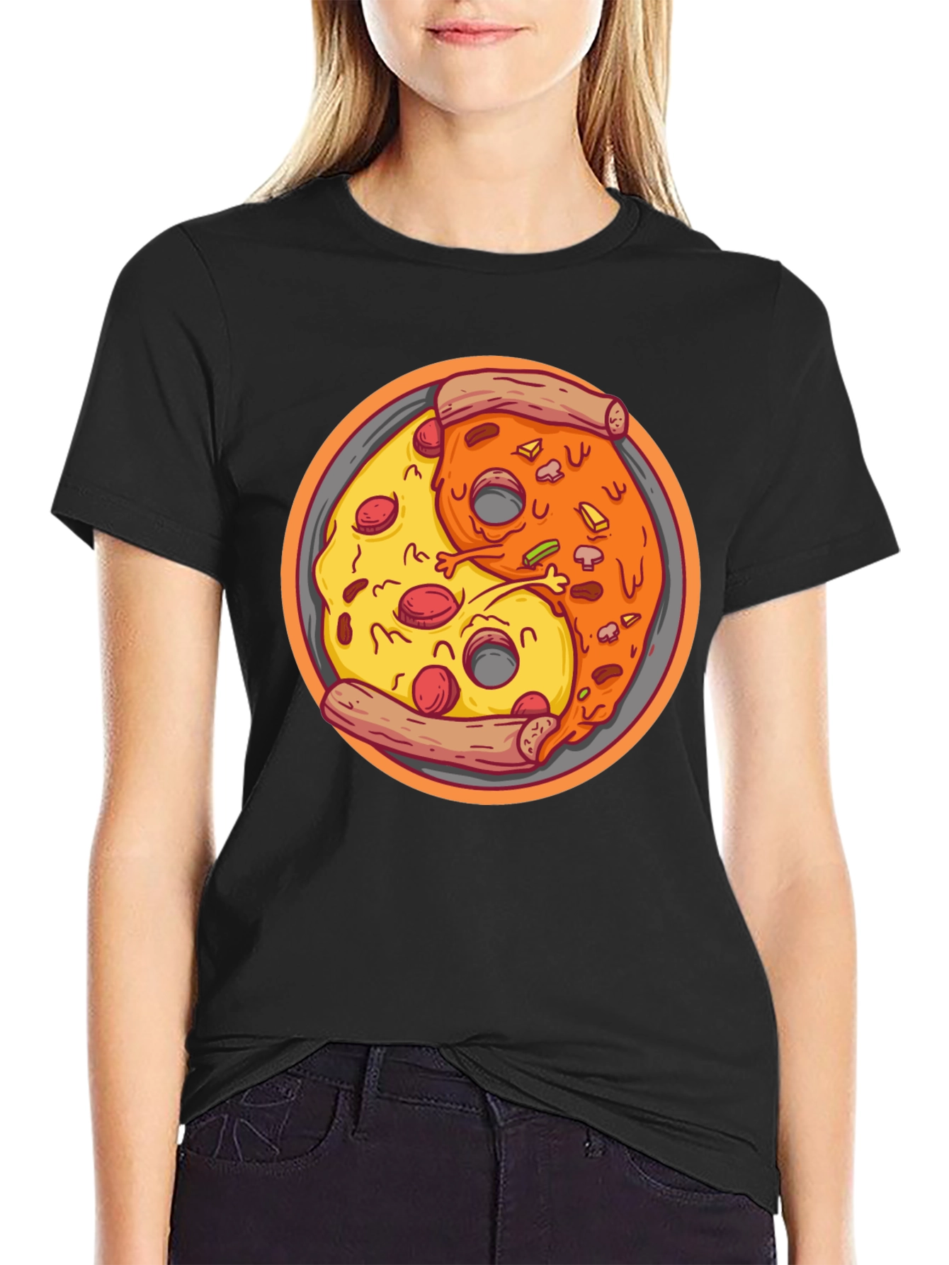 Yin Yang Pizza Graphic Tee - Unisex Black T-Shirt