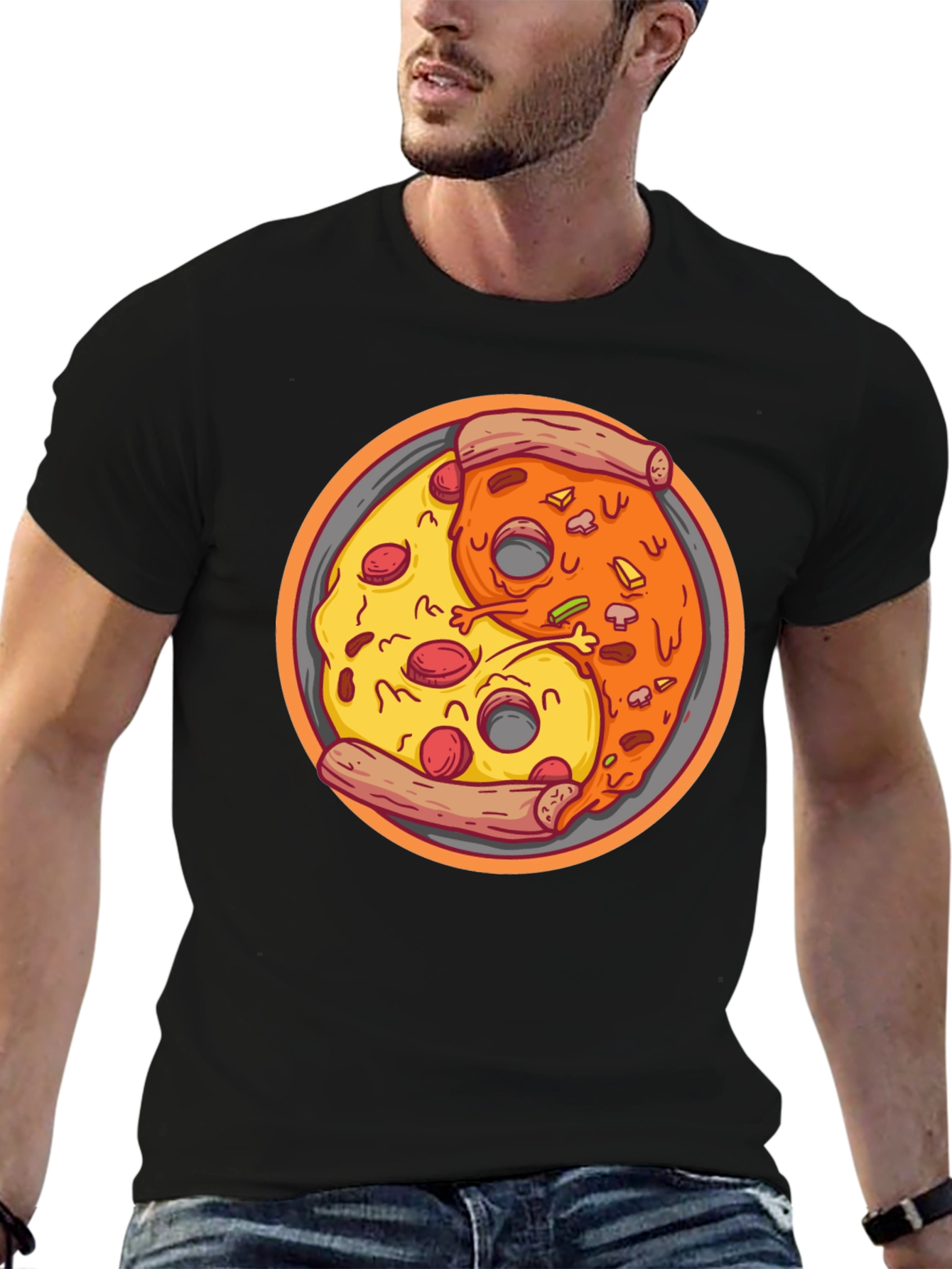 Yin Yang Pizza Graphic Tee - Unisex Black T-Shirt
