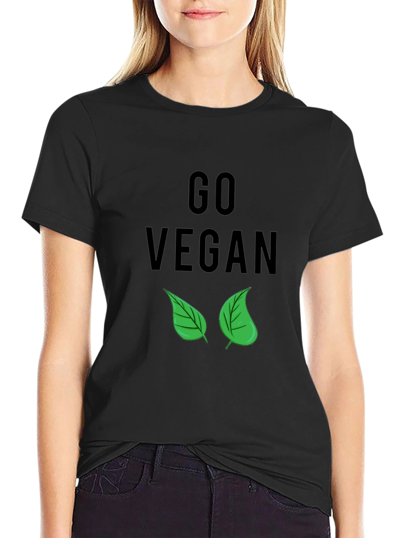 Go Vegan T-Shirt - Black with Leaf Design
