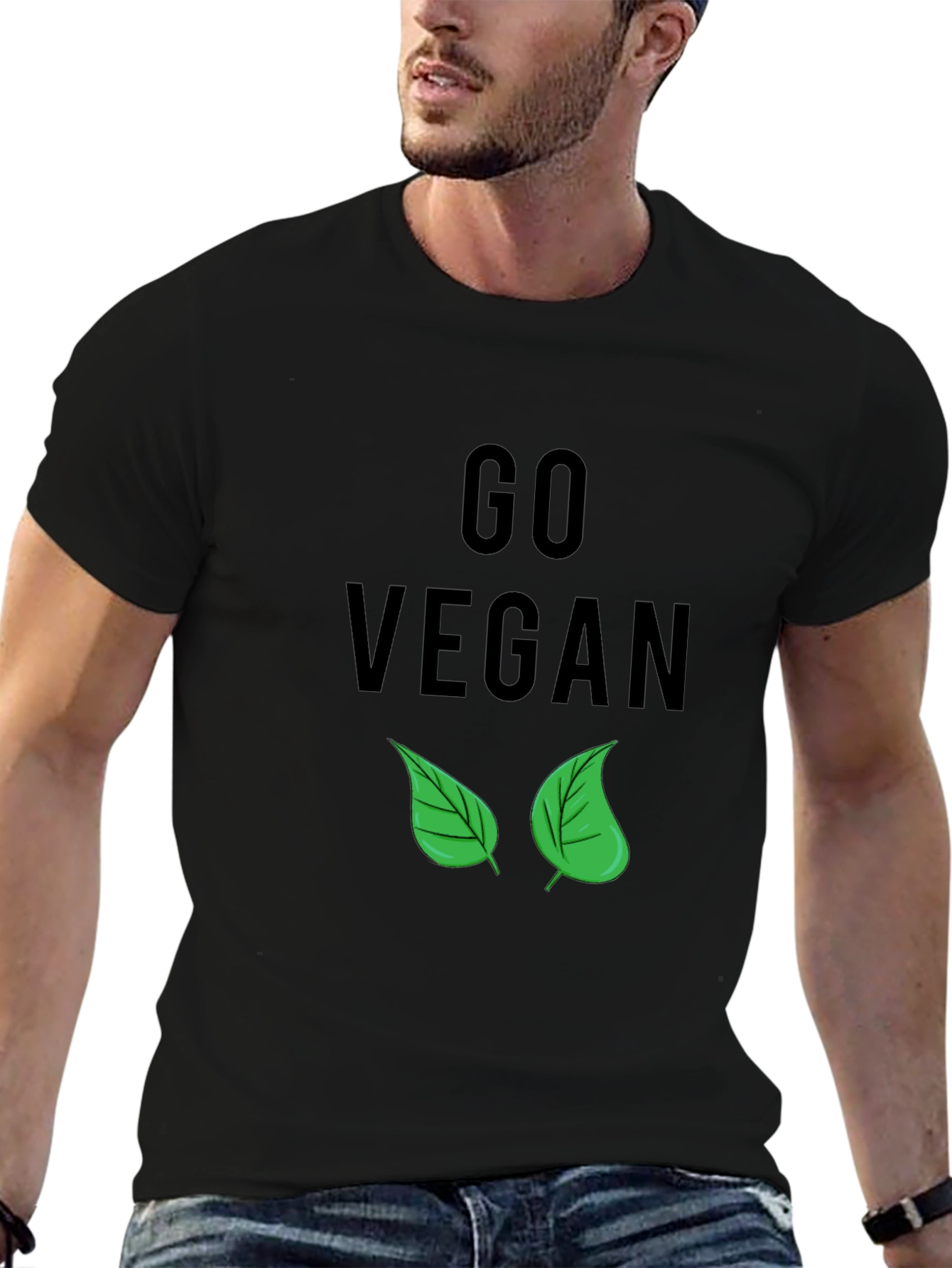 Go Vegan T-Shirt - Black with Leaf Design