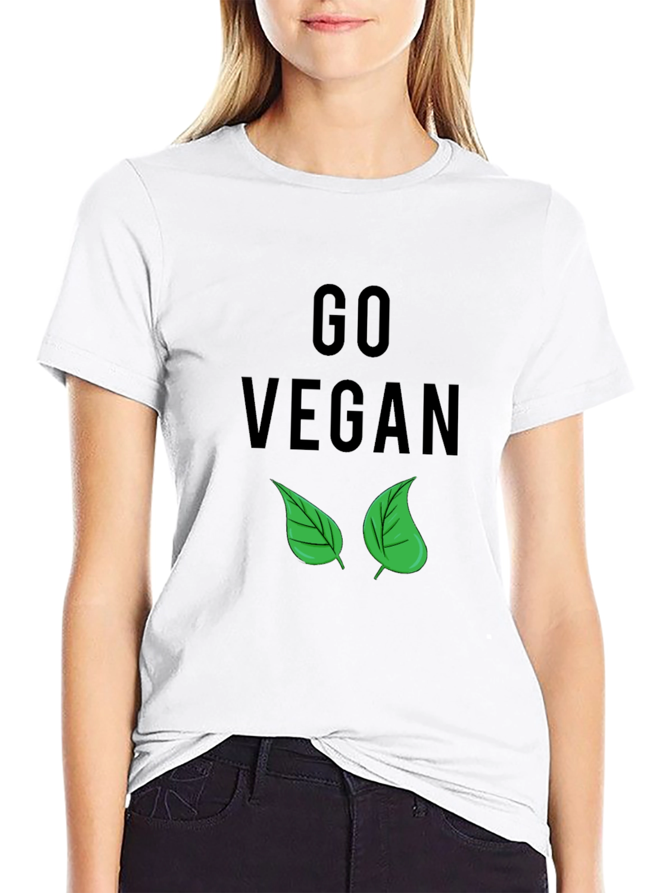 Go Vegan T-Shirt - Black with Leaf Design