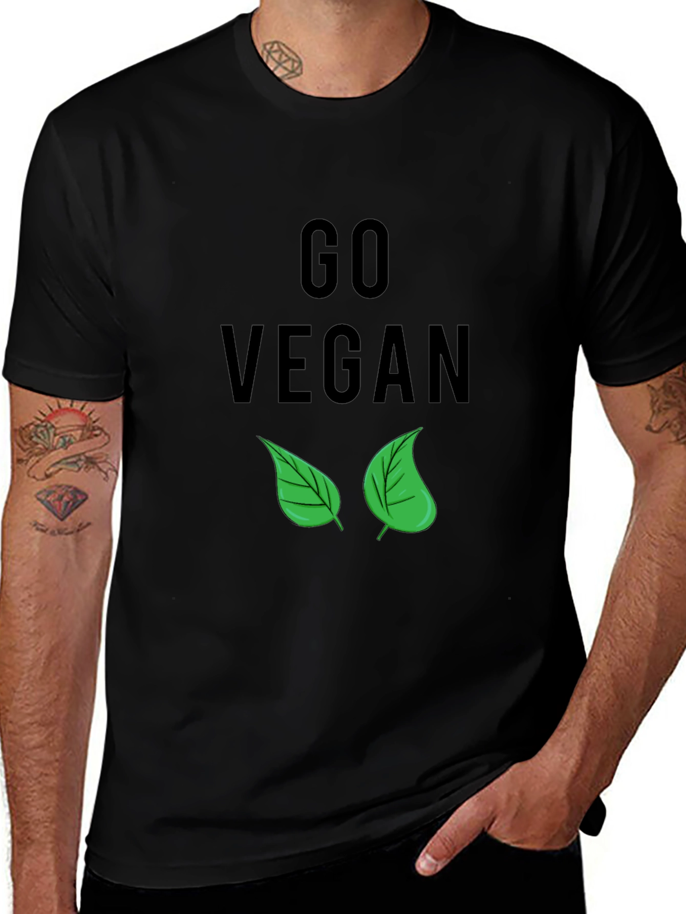 Go Vegan T-Shirt - Black with Leaf Design