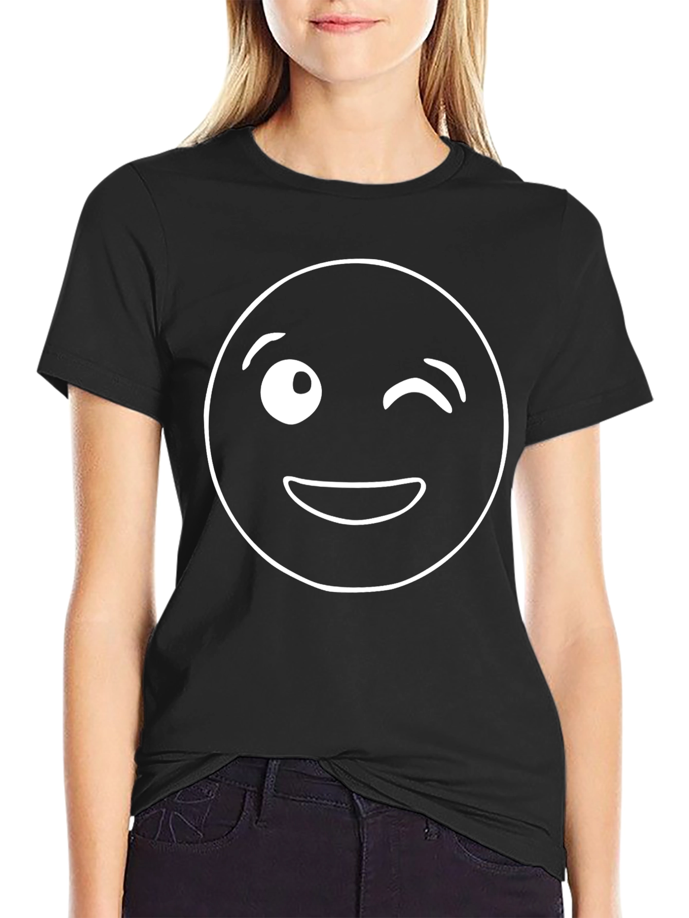 Winking Emoji Graphic Tee - Black Cotton T-Shirt