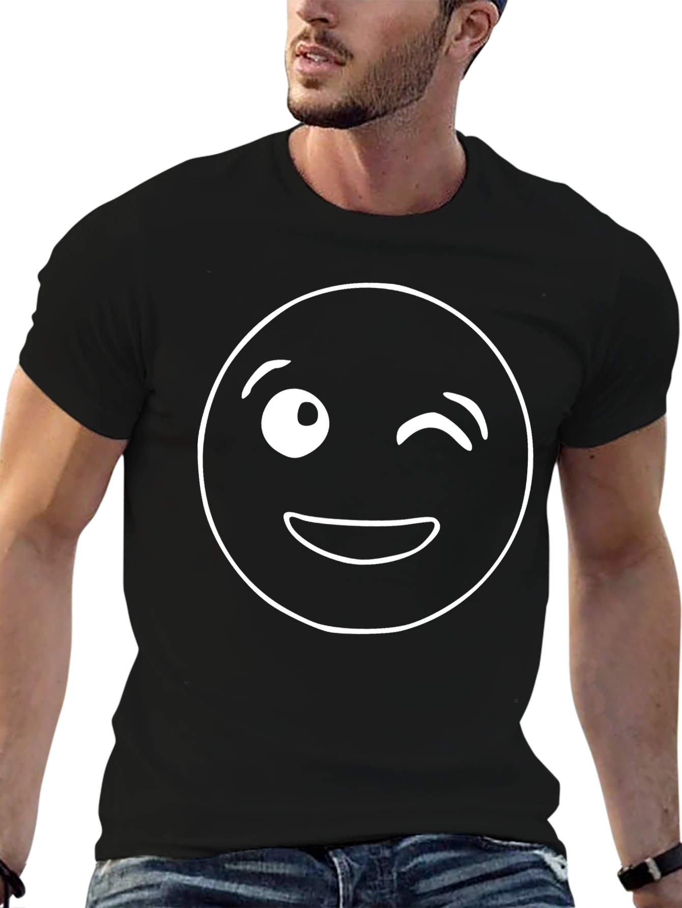 Winking Emoji Graphic Tee - Black Cotton T-Shirt