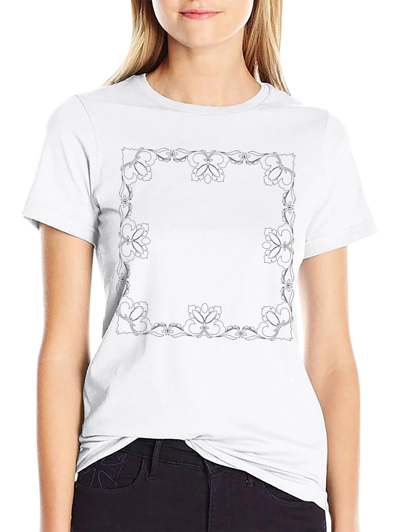 Elegant Floral Border Black T-Shirt