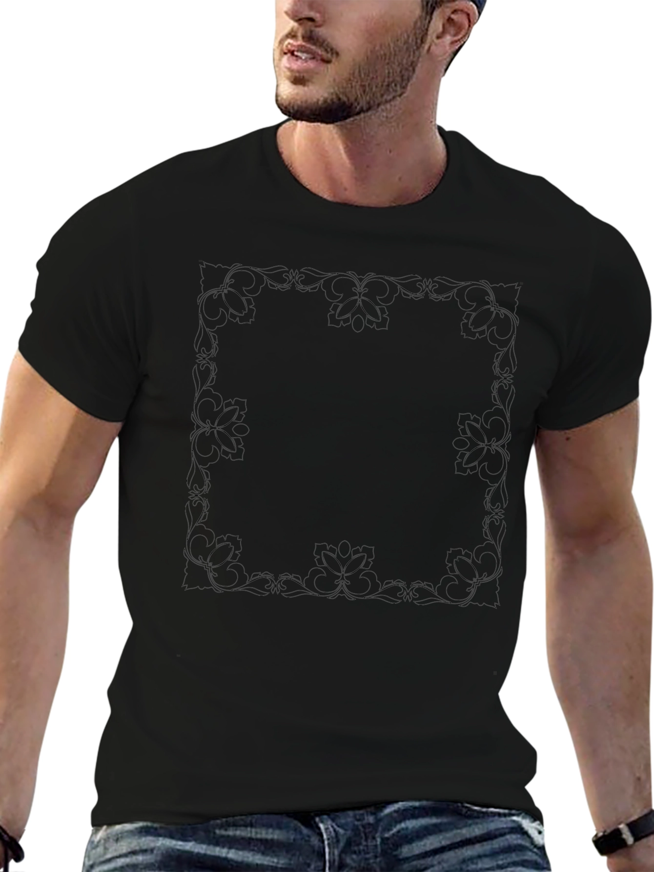 Elegant Floral Border Black T-Shirt