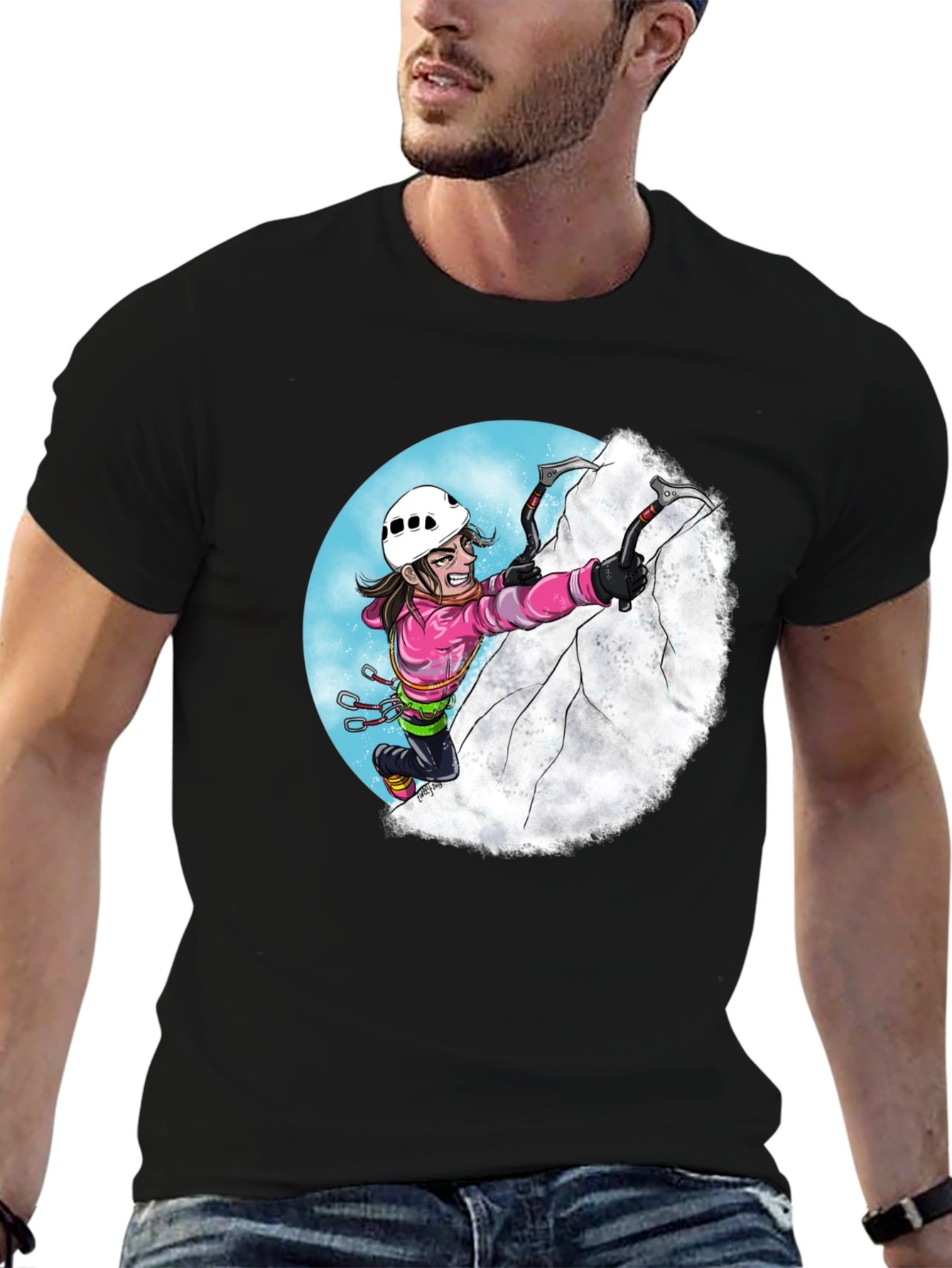 Climbing Cartoon Graphic Tee - Black