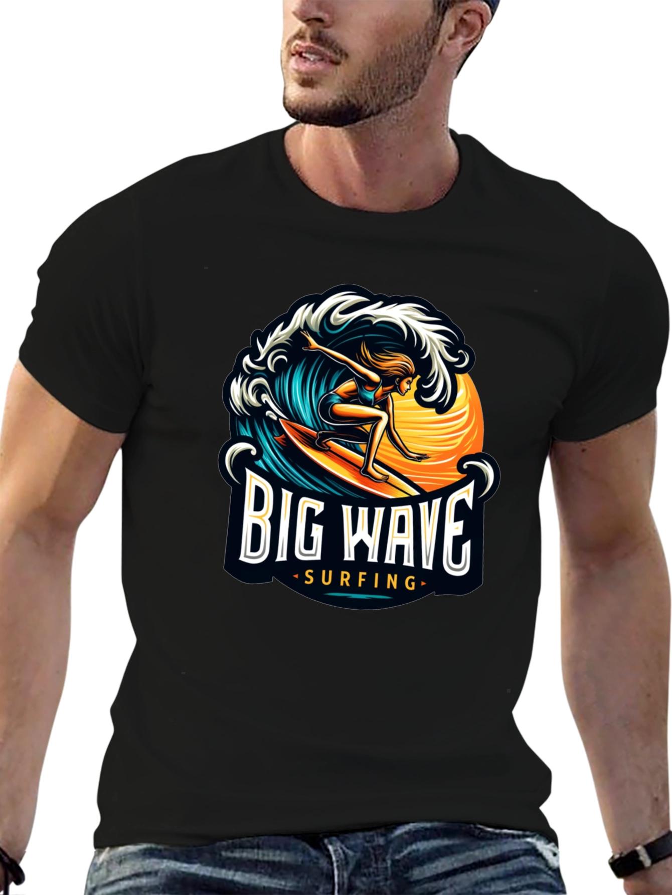 Big Wave Surfing Black T-Shirt