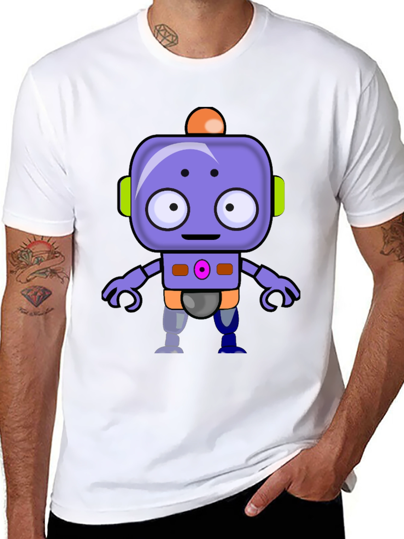 Cute Robot Graphic T-Shirt - Black Crew Neck Tee