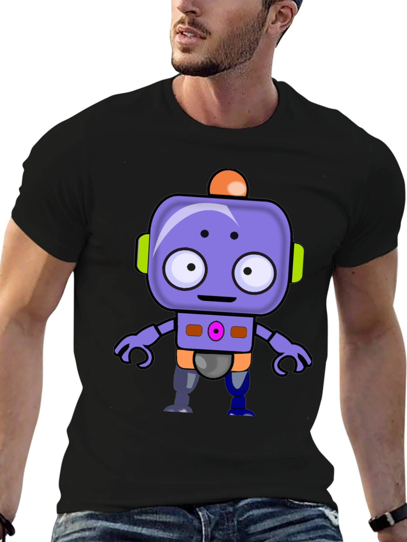 Cute Robot Graphic T-Shirt - Black Crew Neck Tee